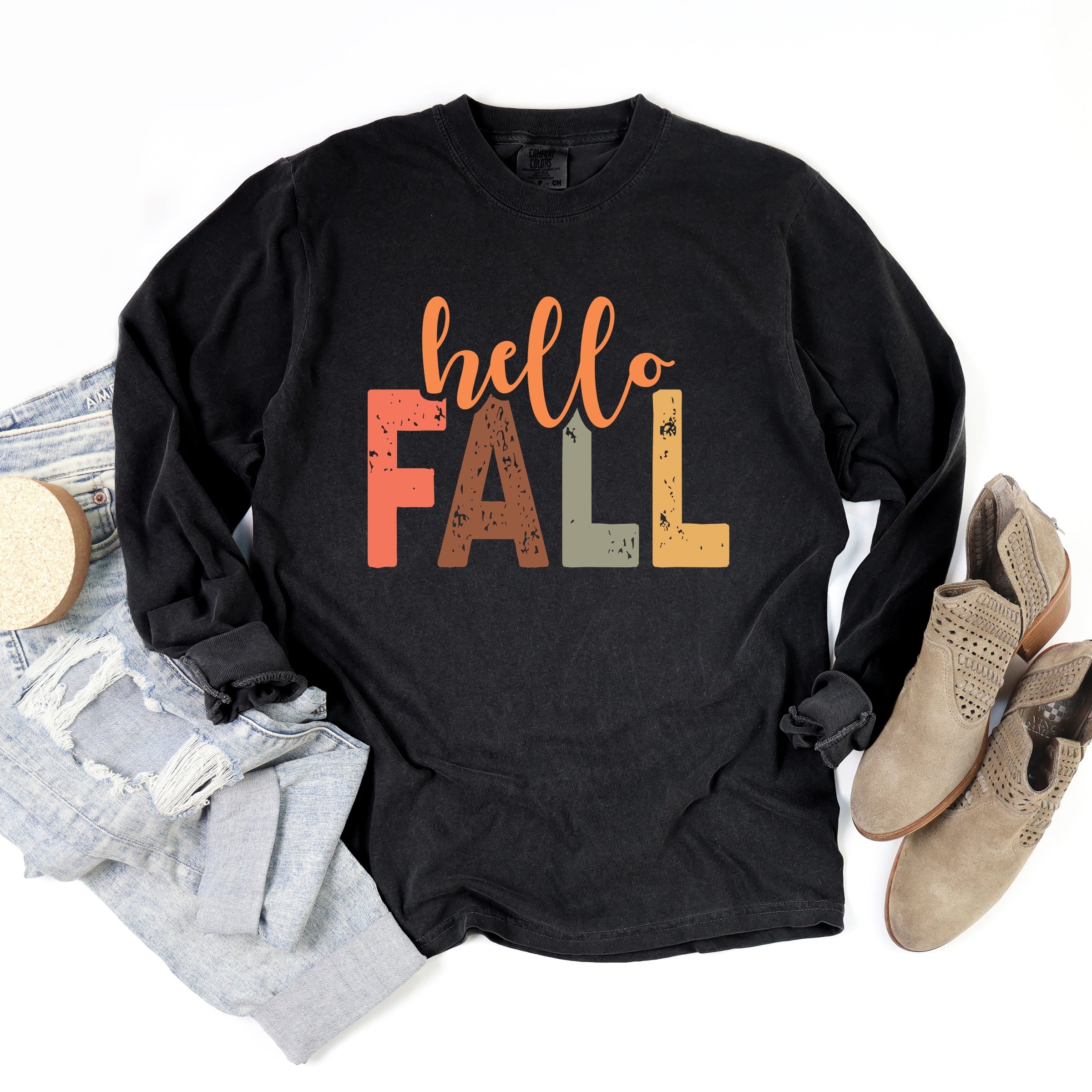 Hello Fall Cursive Block - Women's Garment Dyed Long Sleeve Graphic T-Shirt
