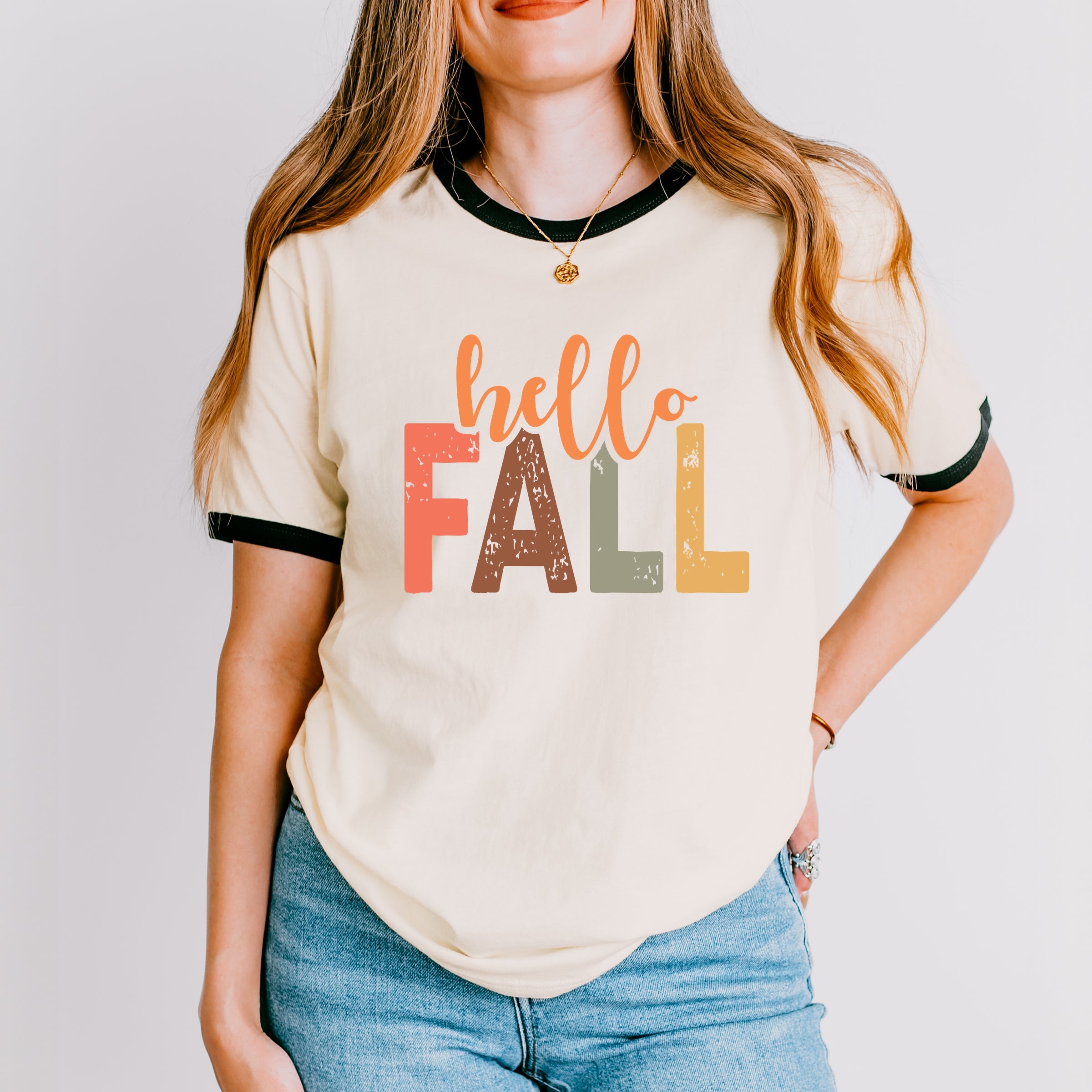 Hello Fall Cursive Block - Women's Ringer Graphic T-Shirt