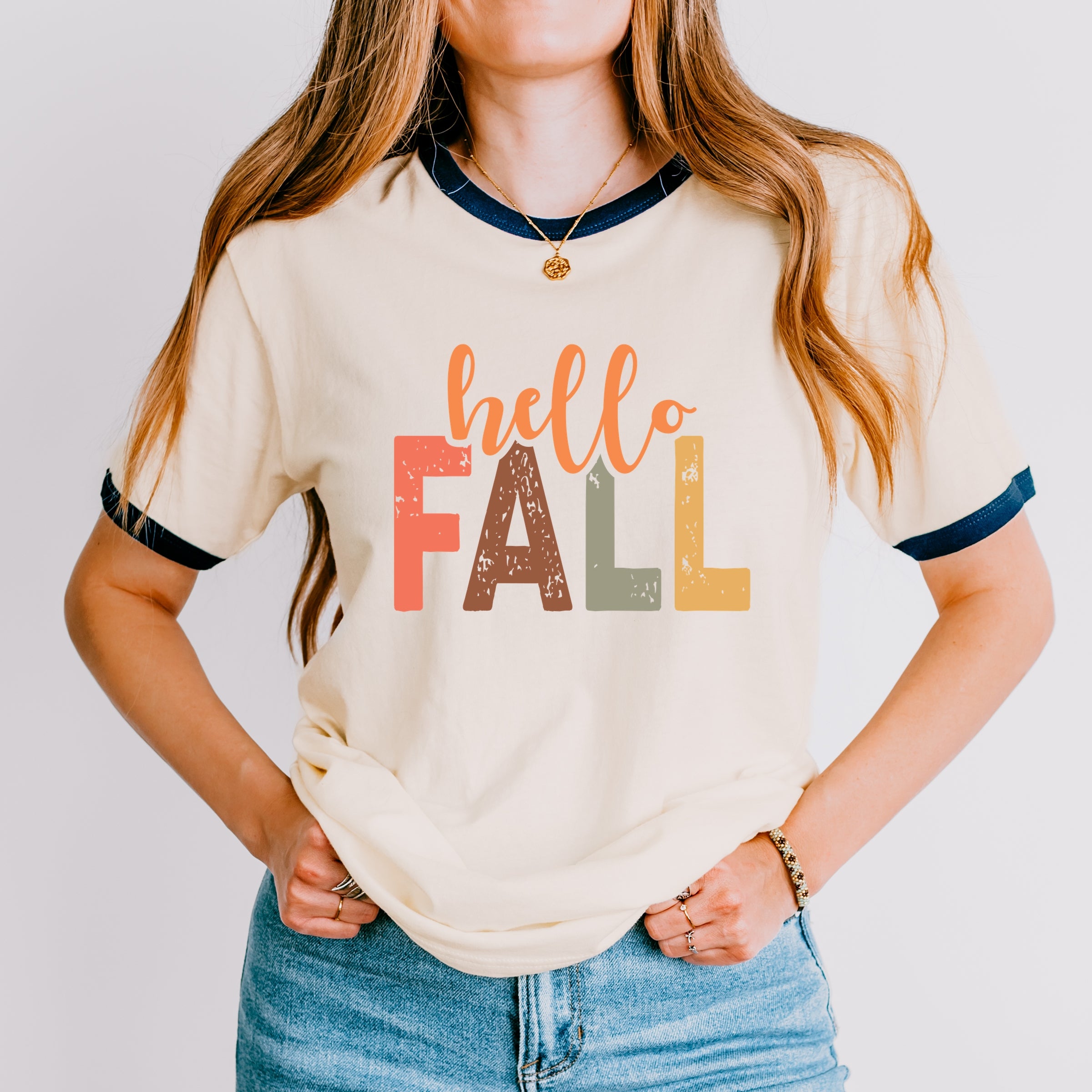 Hello Fall Cursive Block - Women's Ringer Graphic T-Shirt