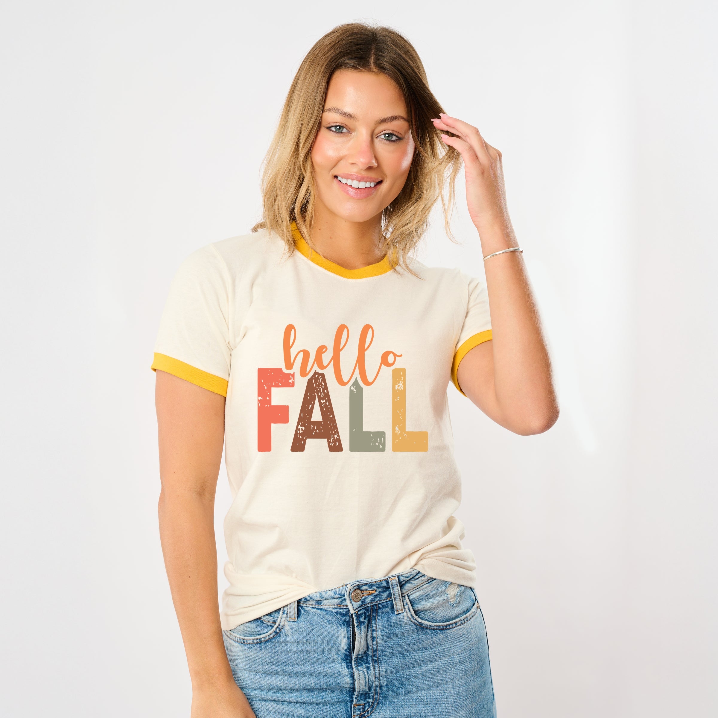 Hello Fall Cursive Block - Women's Ringer Graphic T-Shirt