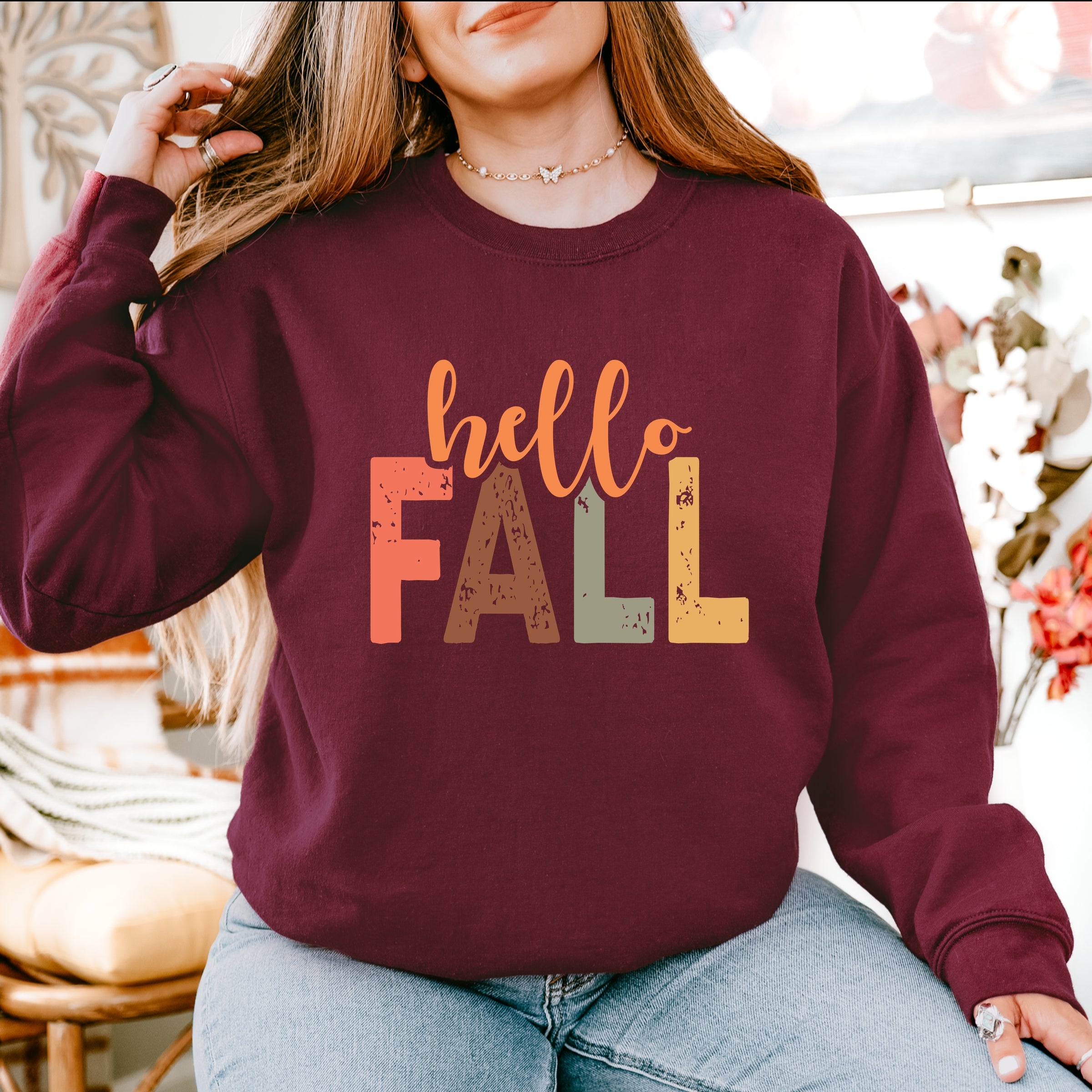 Hello Fall Cursive Block -  Women's Graphic Sweatshirt