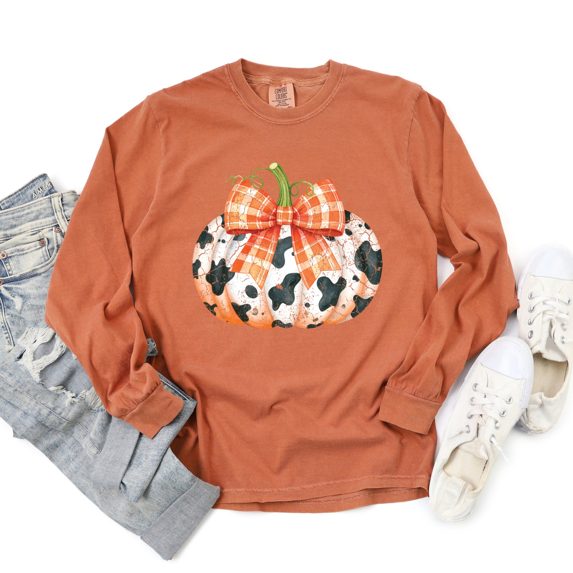 Cow Pumpkin Coquette Distressed - Garment Dyed Long Sleeve