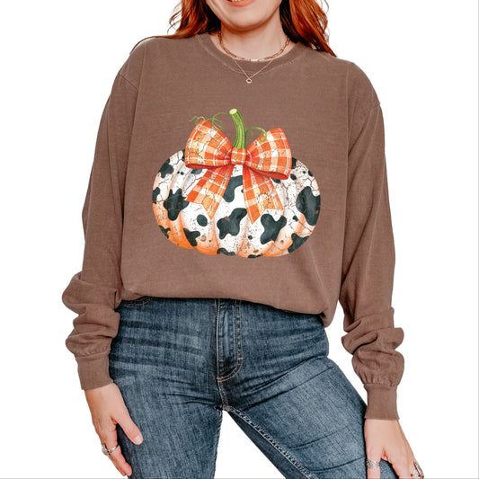 Cow Pumpkin Coquette Distressed - Garment Dyed Long Sleeve