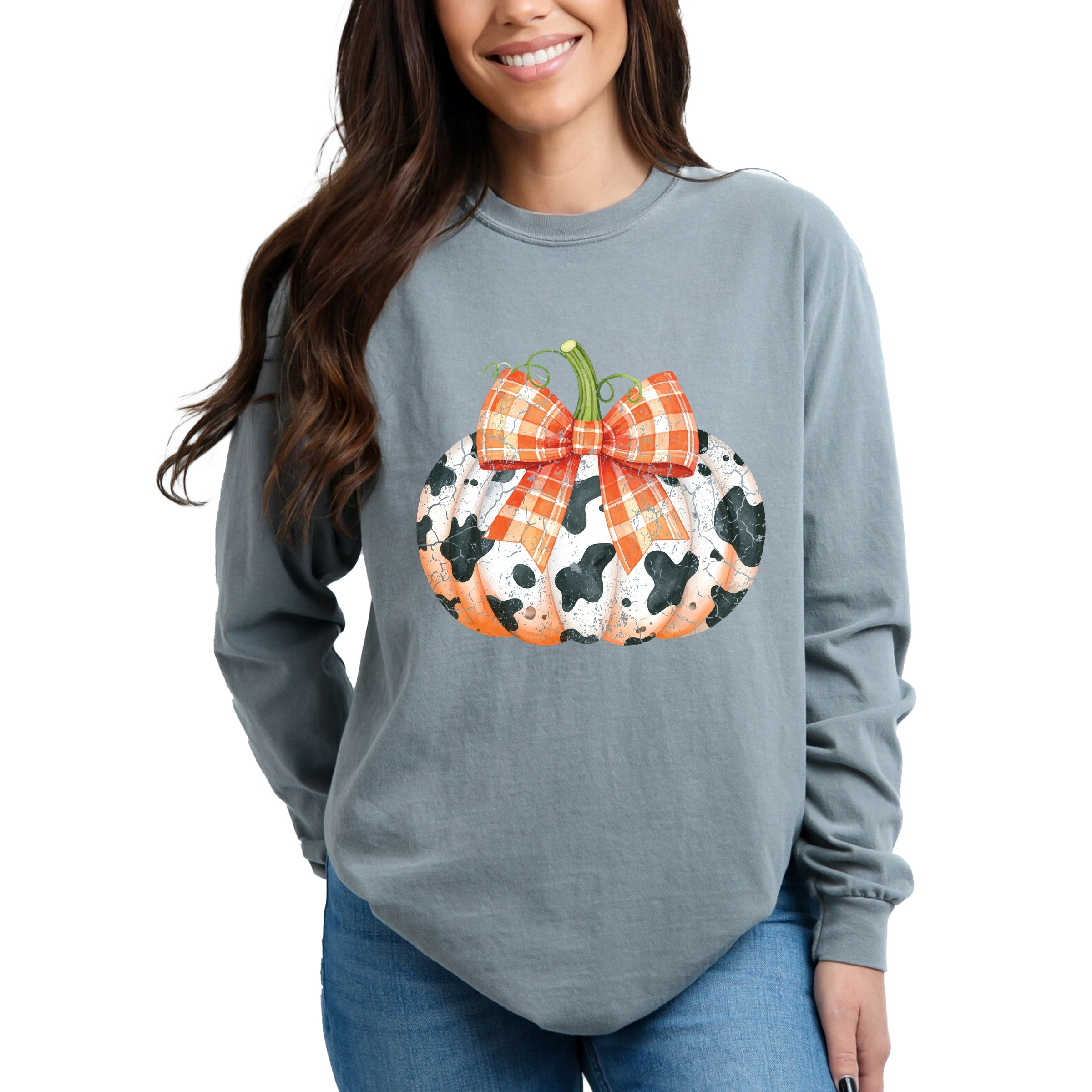 Cow Pumpkin Coquette Distressed - Garment Dyed Long Sleeve