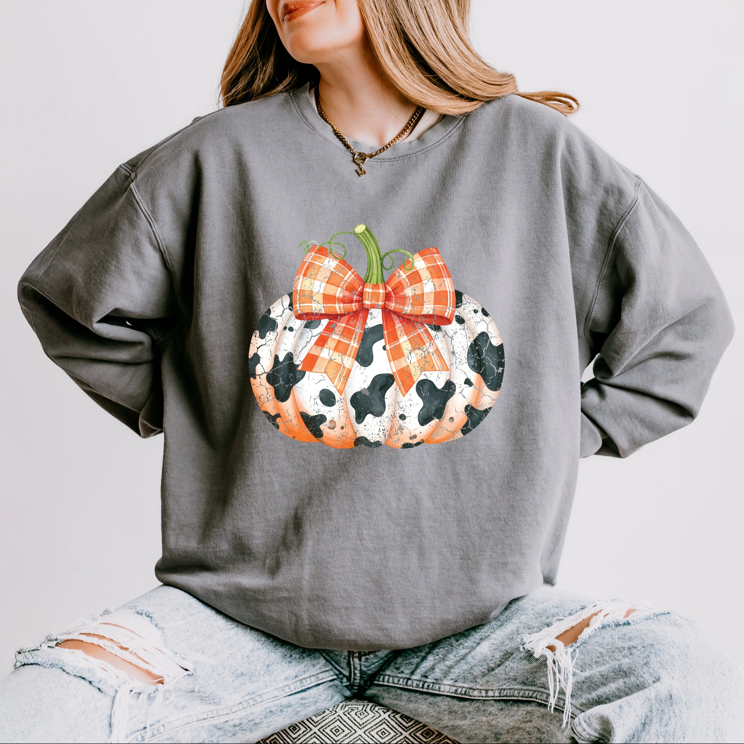 Cow Pumpkin Coquette Distressed - Lightweight Garment Dyed Sweatshirt