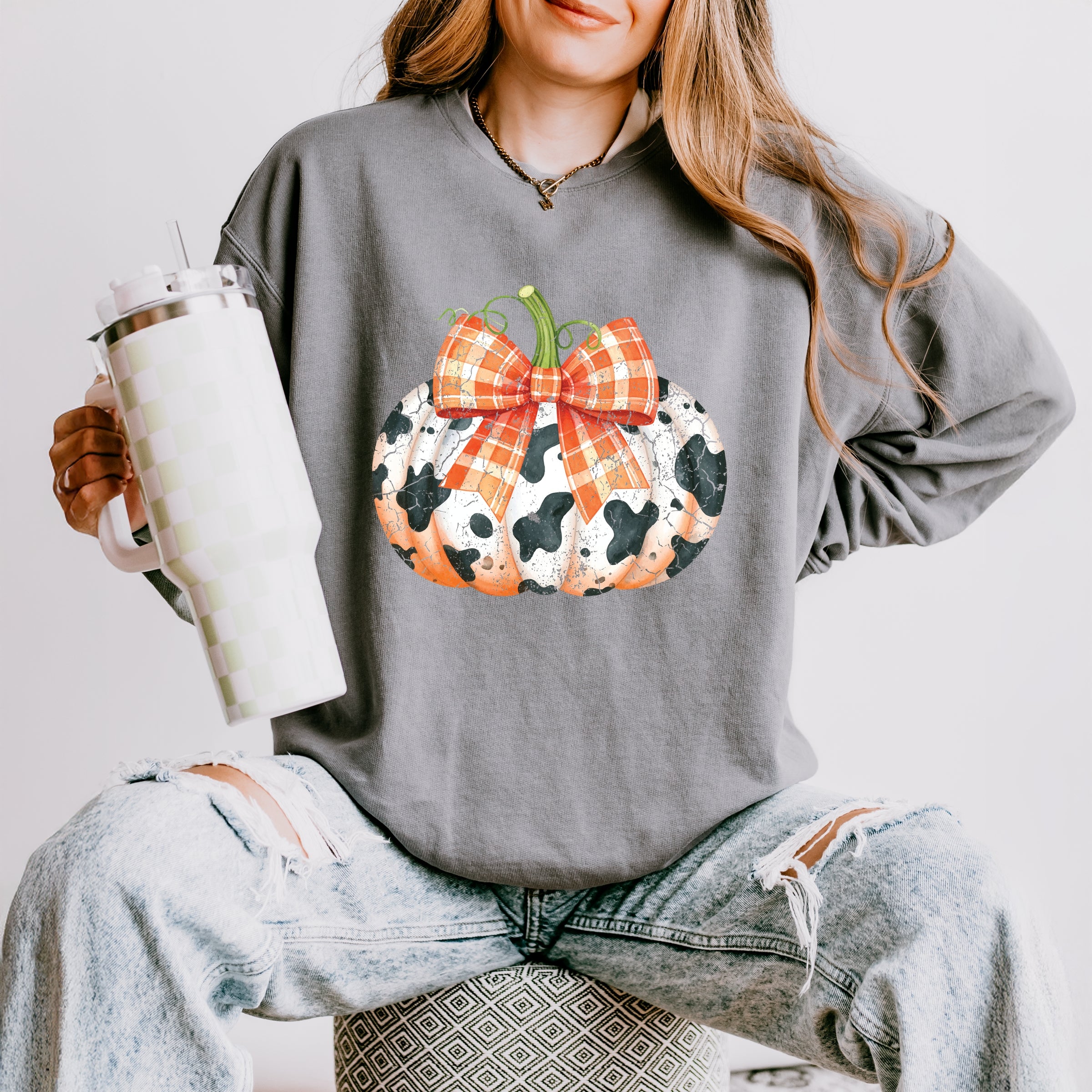 Cow Pumpkin Coquette Distressed - Lightweight Garment Dyed Sweatshirt