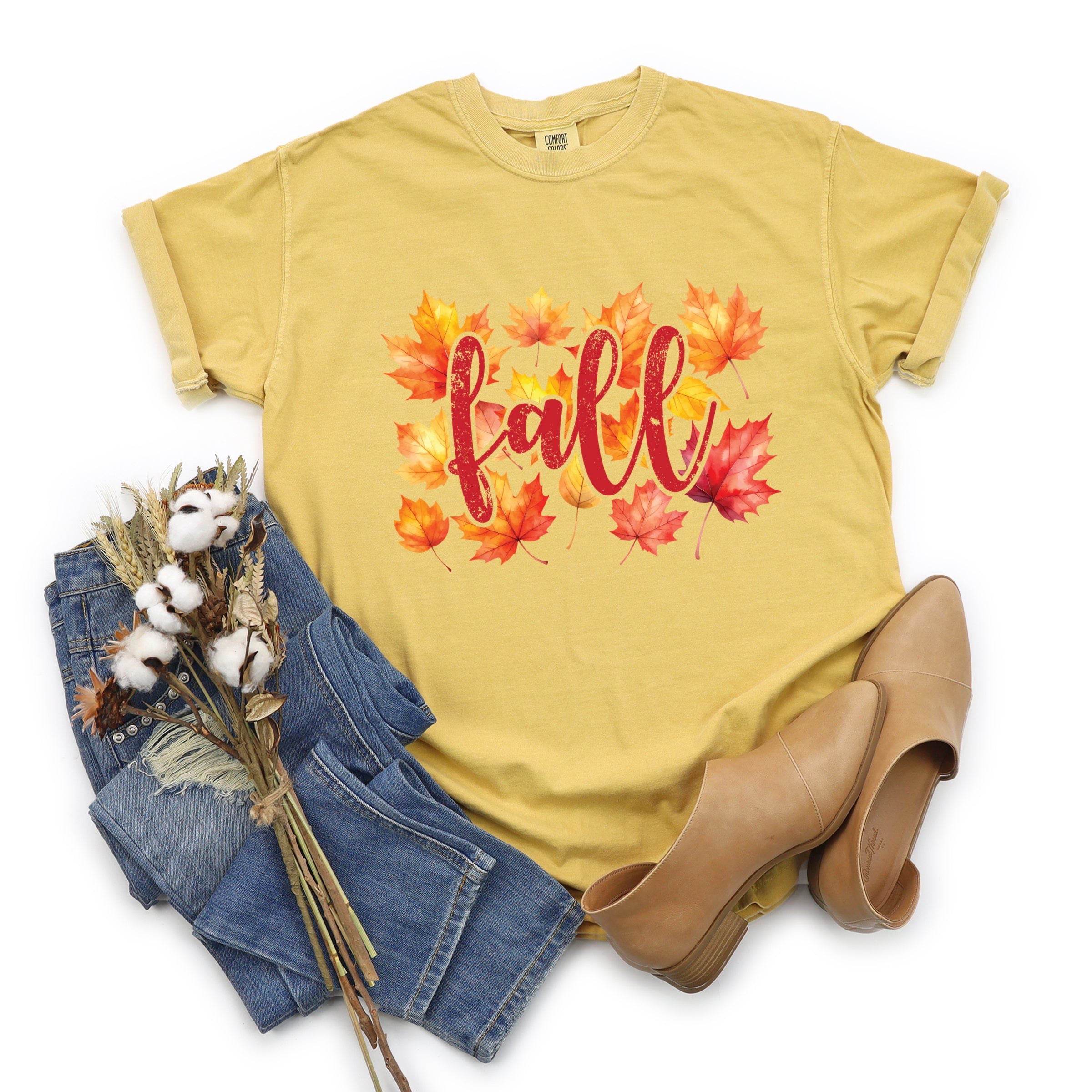 Fall Leaves Watercolor - Women's Garment Dyed Graphic T-Shirt