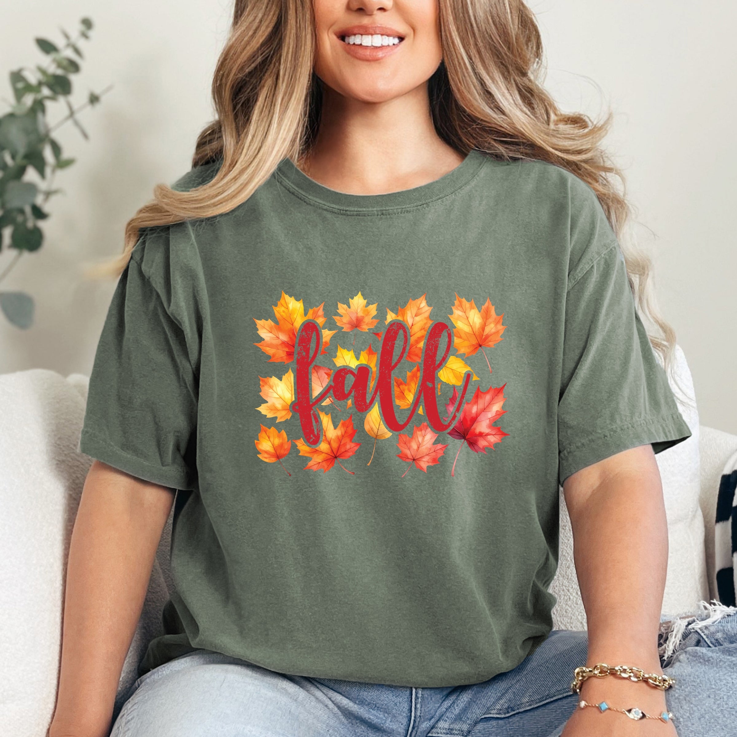 Fall Leaves Watercolor - Women's Garment Dyed Graphic T-Shirt