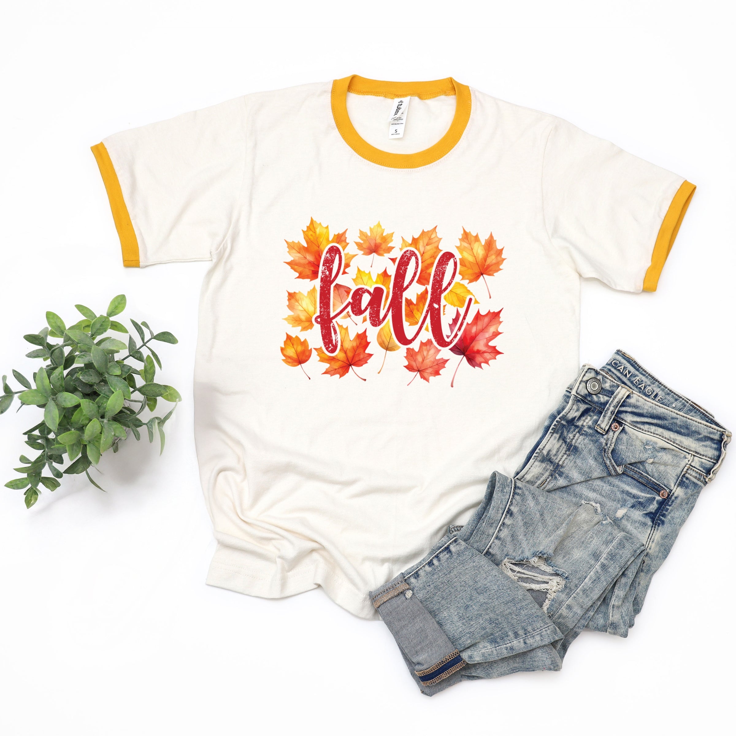 Fall Leaves Watercolor - Women's Ringer Graphic T-Shirt