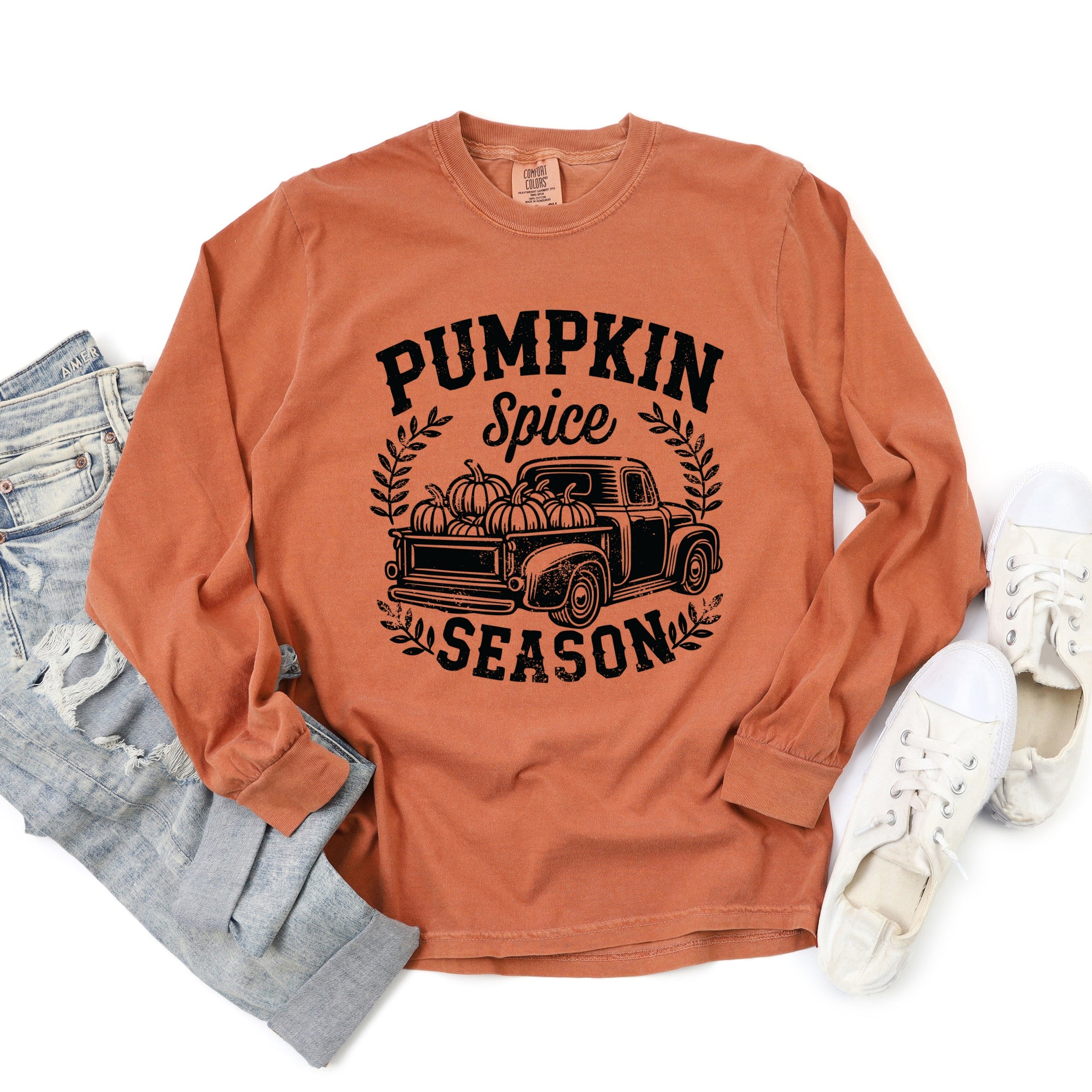Pumpkin Spice Season Truck Distressed - Garment Dyed Long Sleeve