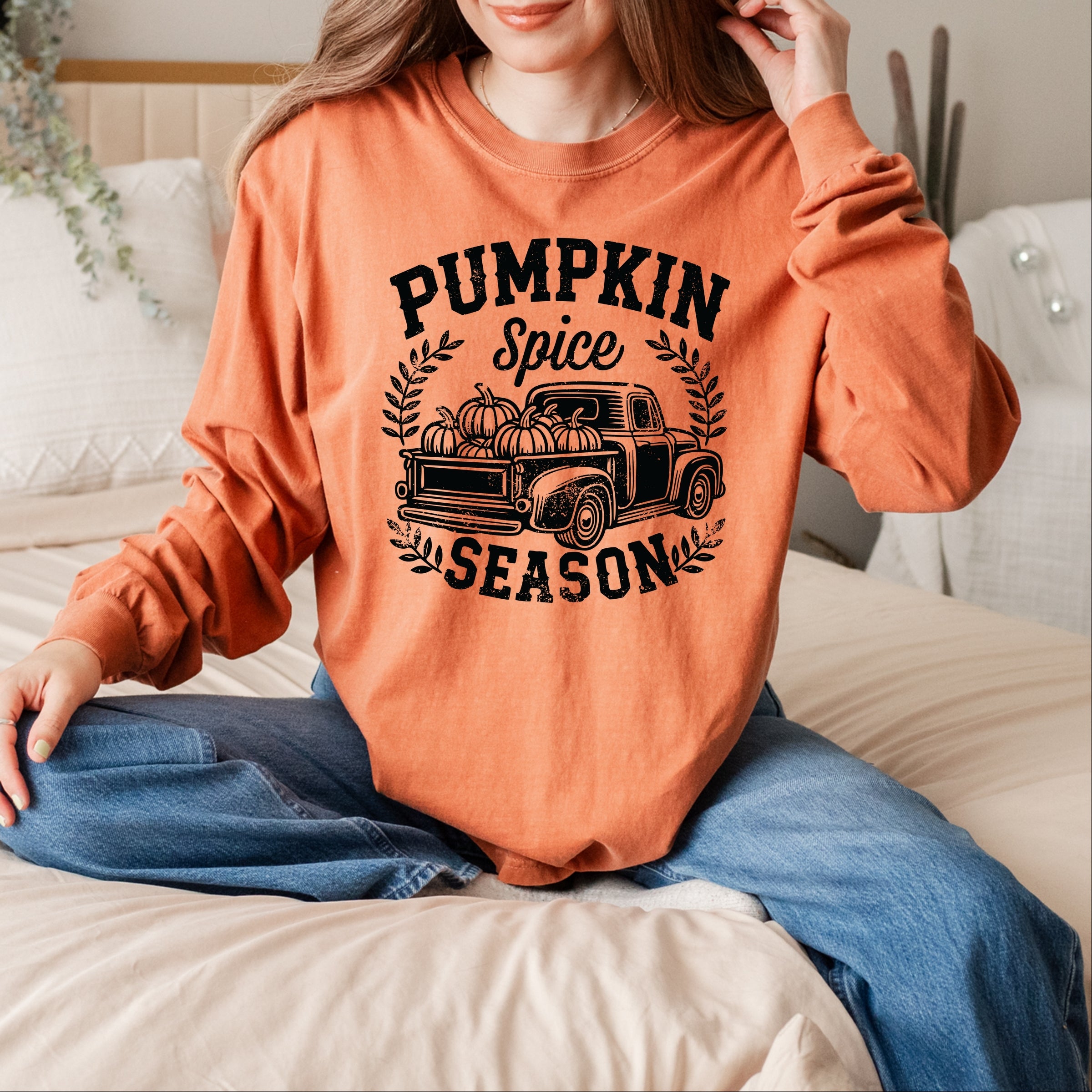 Pumpkin Spice Season Truck Distressed - Garment Dyed Long Sleeve
