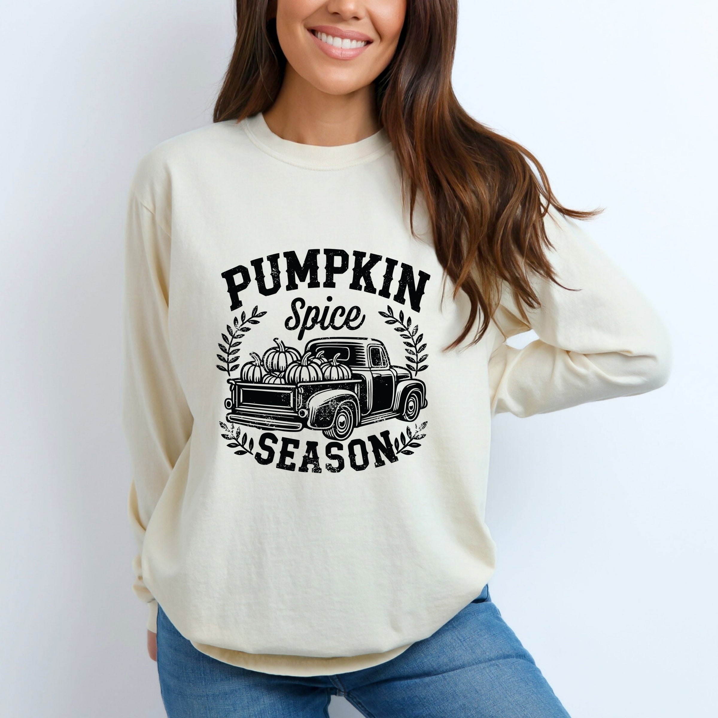 Pumpkin Spice Season Truck Distressed - Garment Dyed Long Sleeve