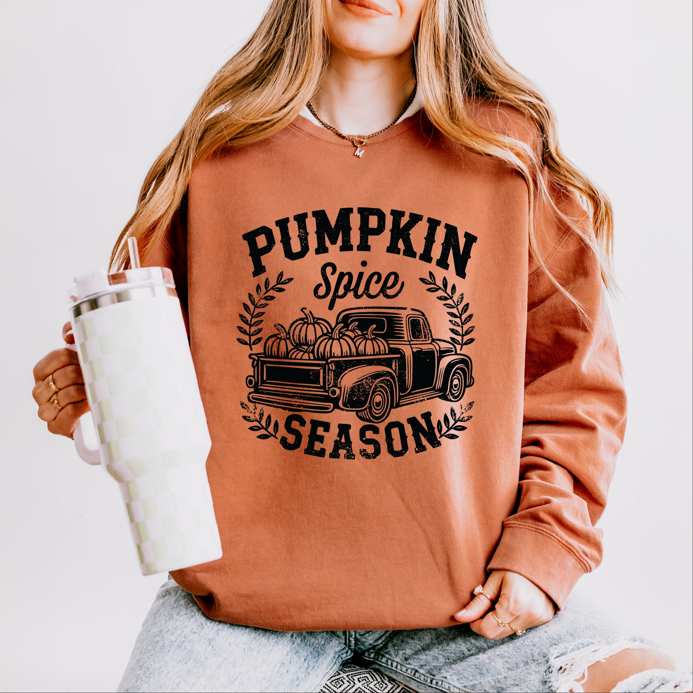 Pumpkin Spice Season Truck Distressed - Lightweight Garment Dyed Sweatshirt