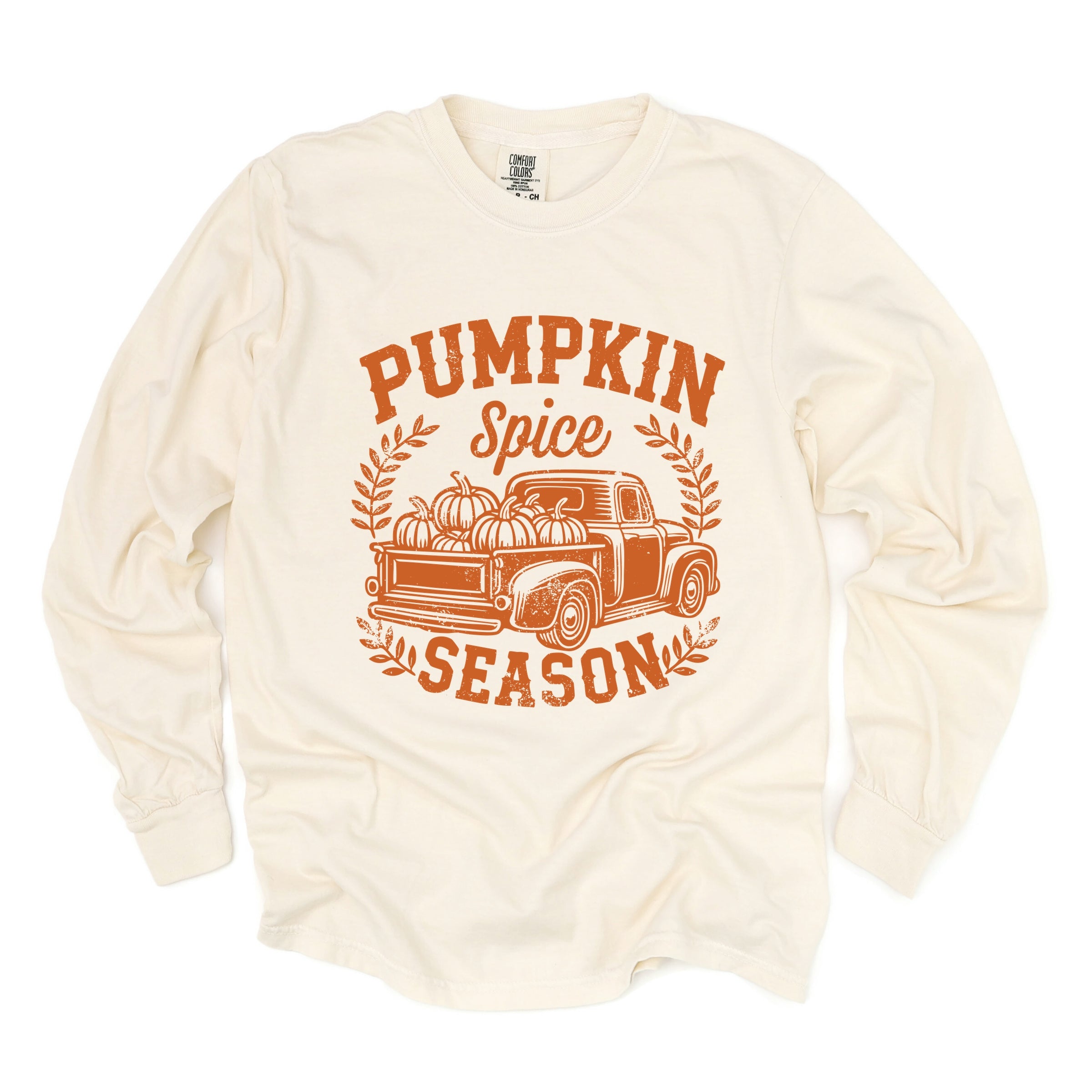 Pumpkin Spice Season Truck Distressed - Women's Garment Dyed Long Sleeve Graphic T-Shirt