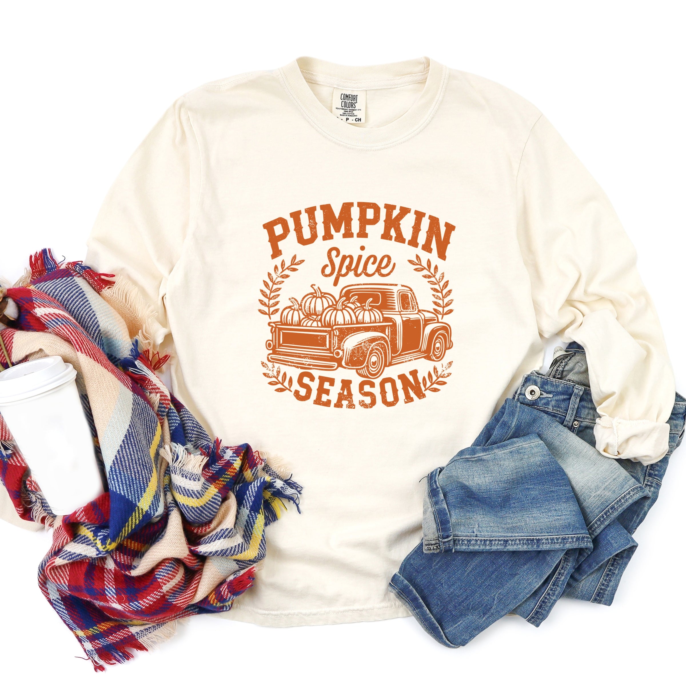 Pumpkin Spice Season Truck Distressed - Women's Garment Dyed Long Sleeve Graphic T-Shirt