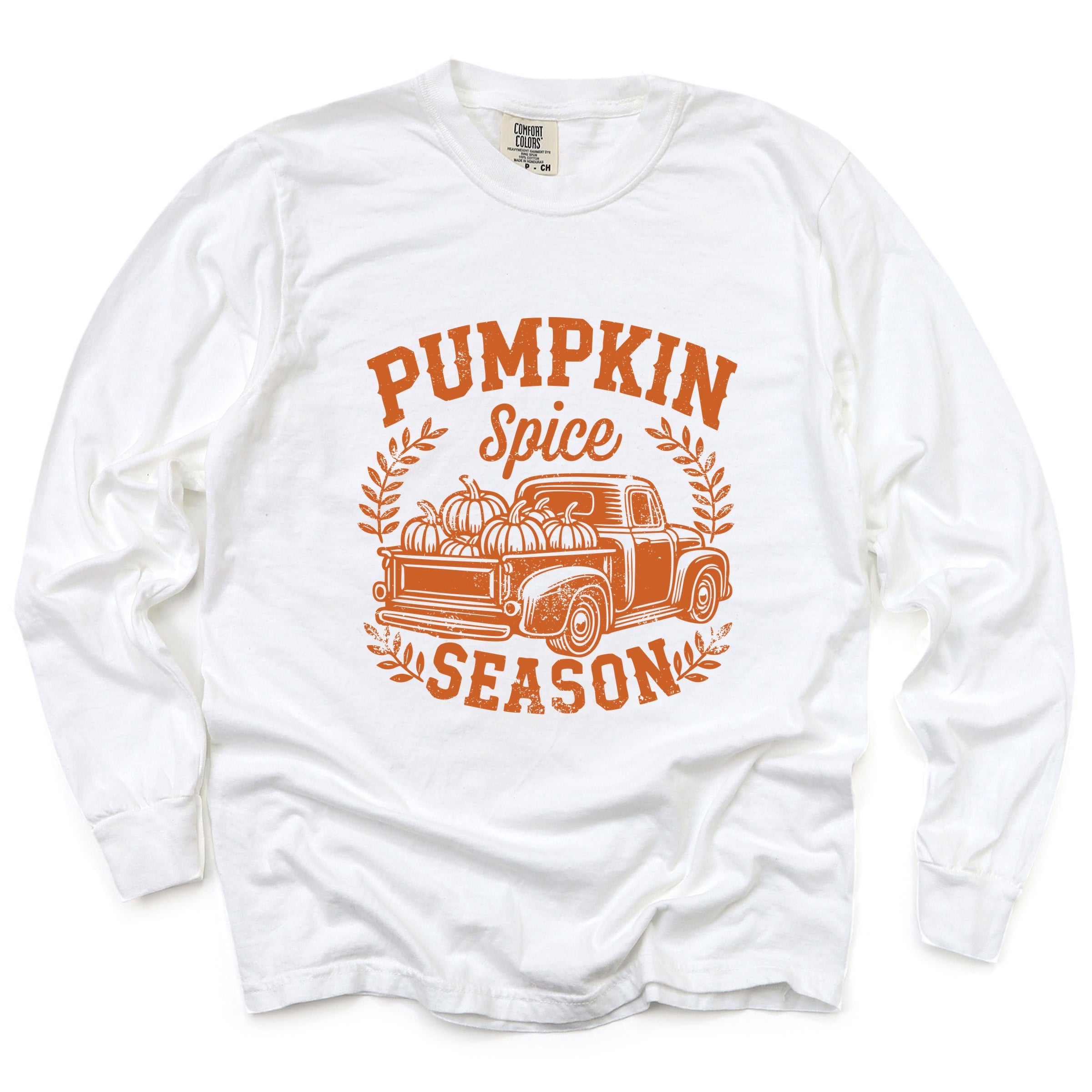 Pumpkin Spice Season Truck Distressed - Women's Garment Dyed Long Sleeve Graphic T-Shirt