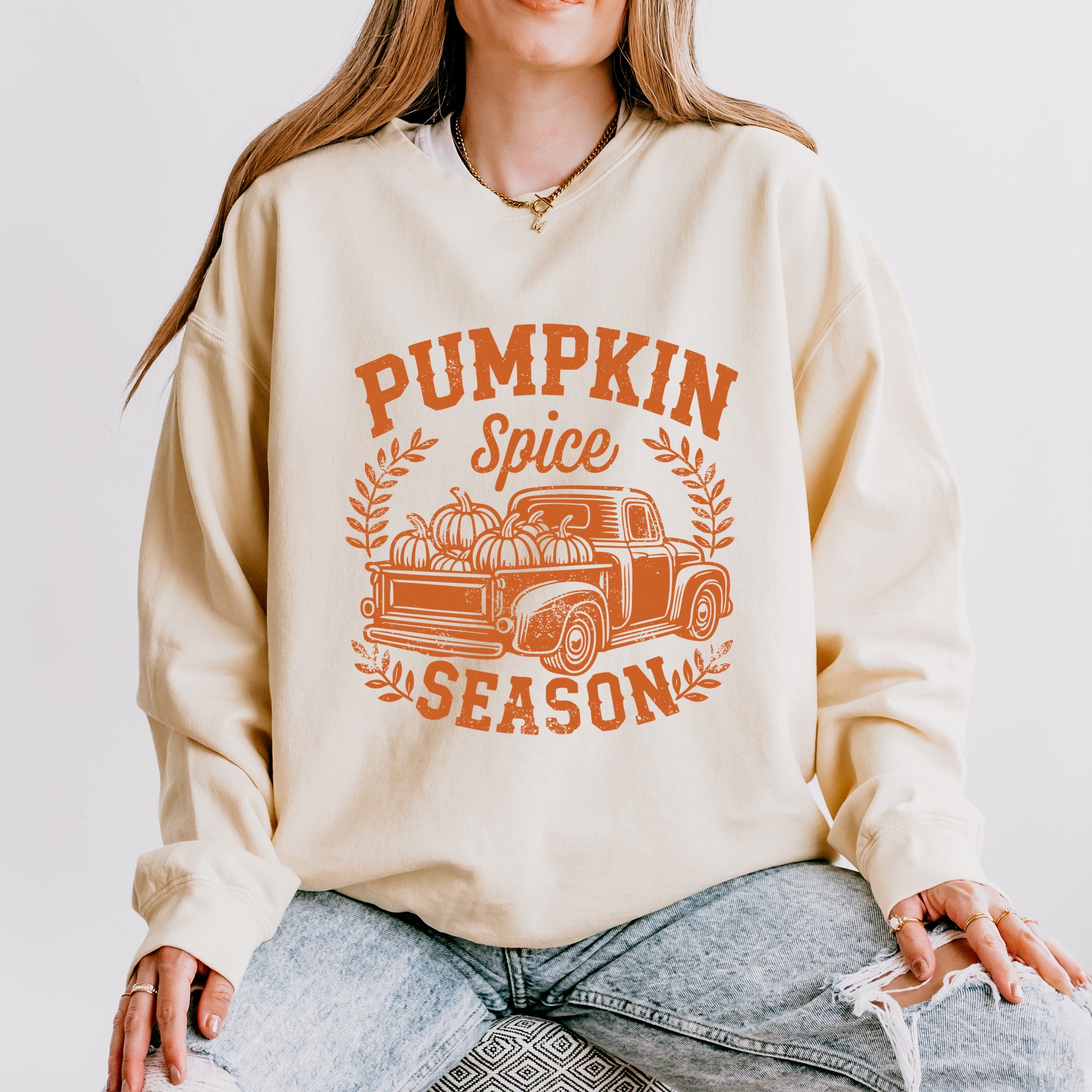 Pumpkin Spice Season Truck Distressed - Women's Lightweight Garment Dyed Sweatshirt