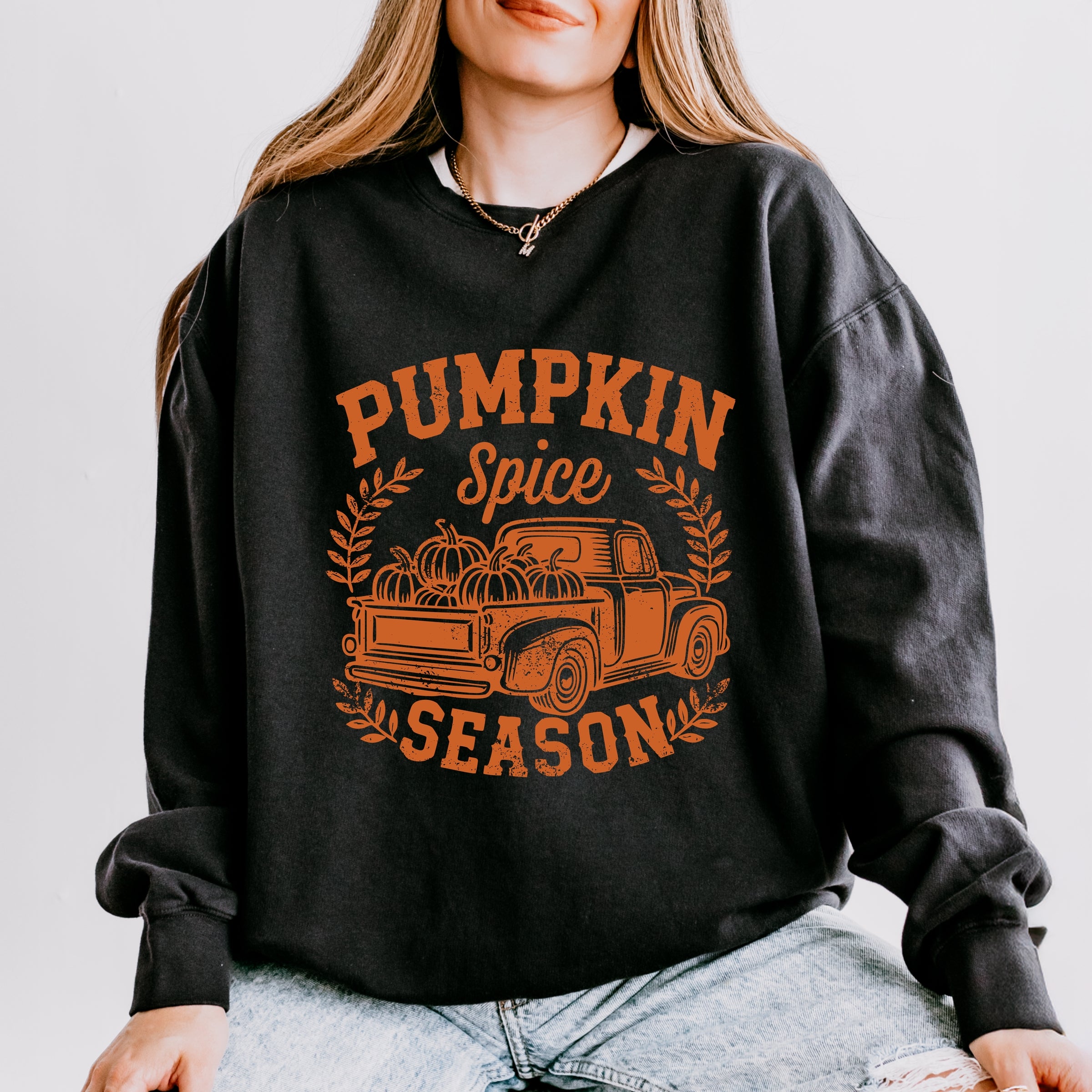 Pumpkin Spice Season Truck Distressed - Women's Lightweight Garment Dyed Sweatshirt