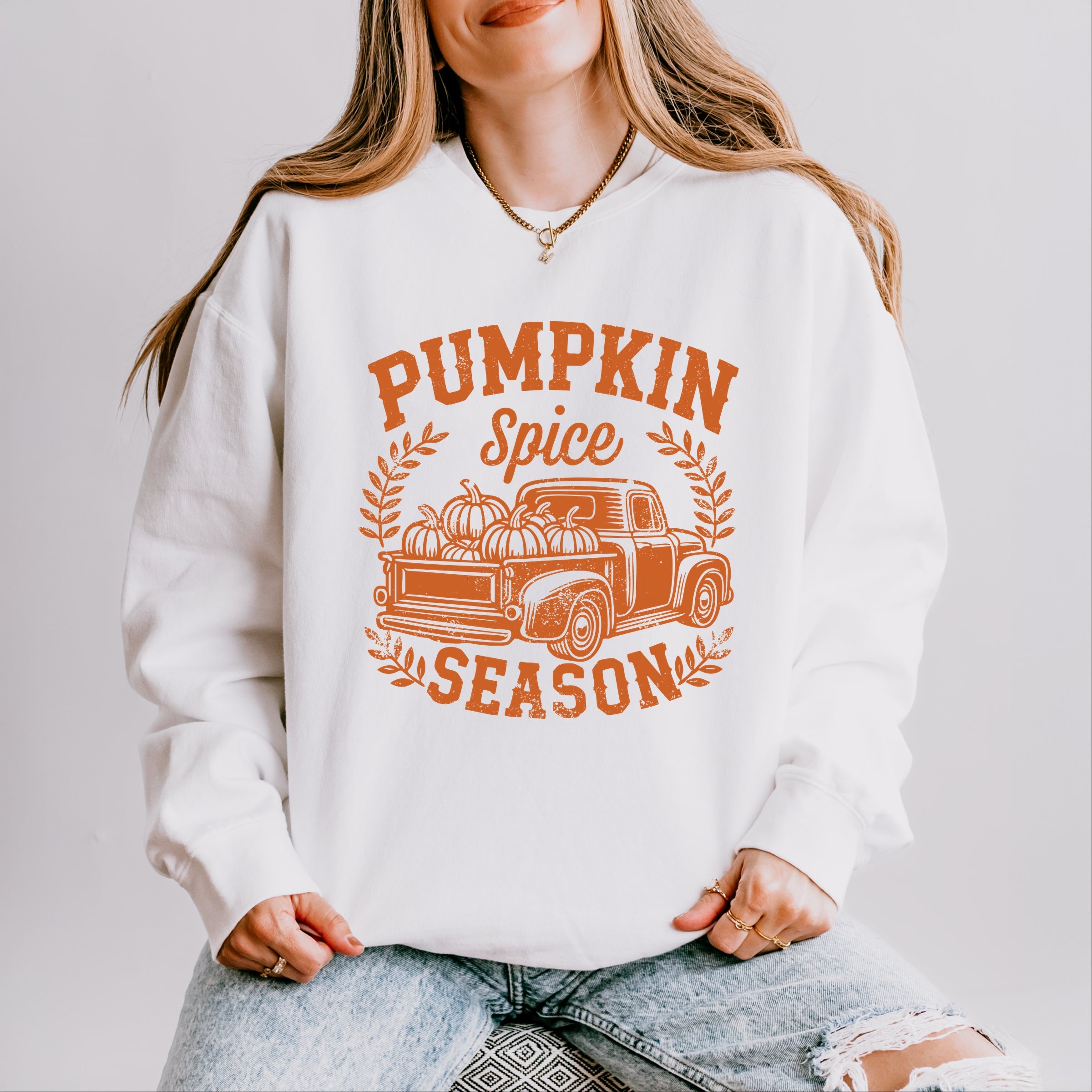Pumpkin Spice Season Truck Distressed - Women's Lightweight Garment Dyed Sweatshirt