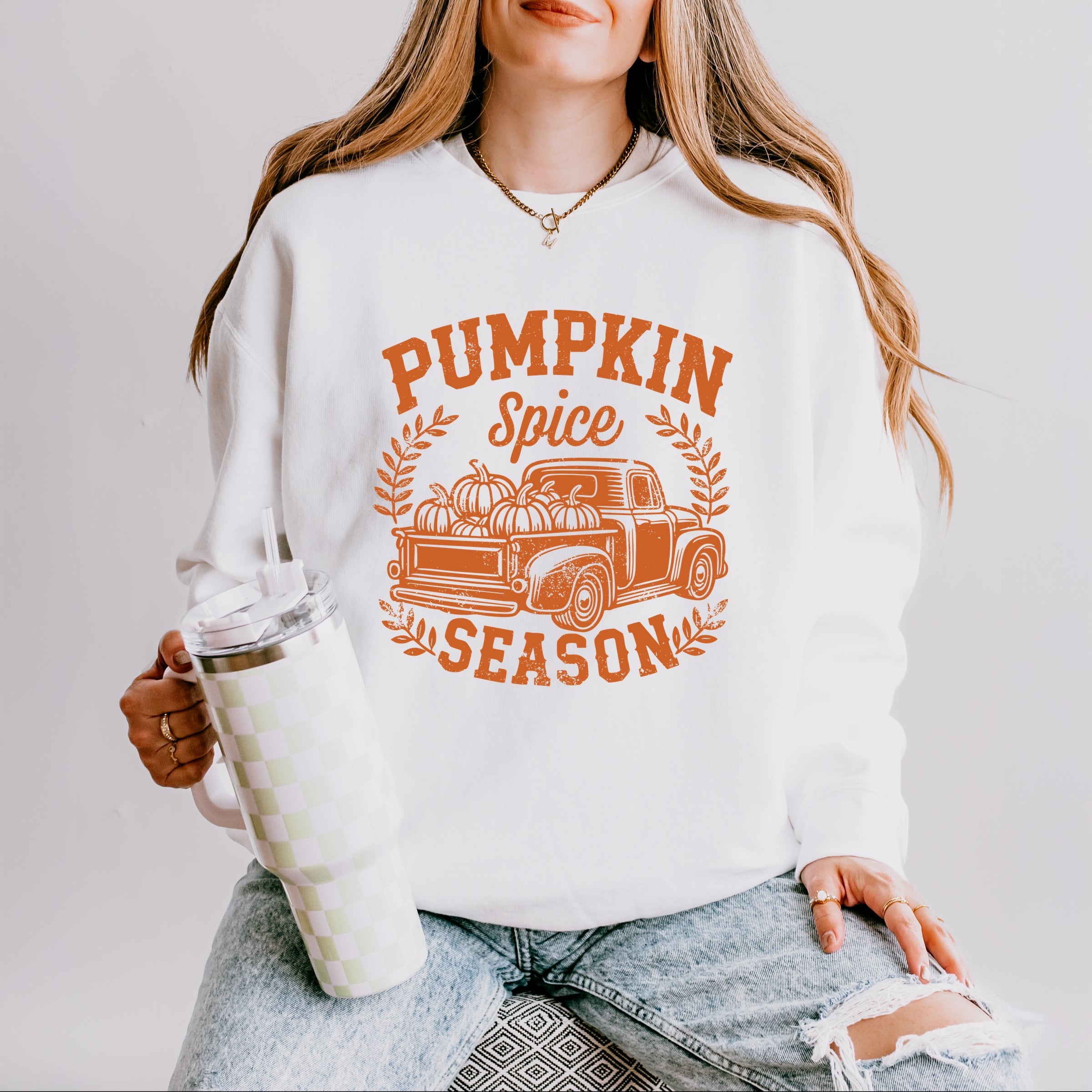 Pumpkin Spice Season Truck Distressed - Women's Lightweight Garment Dyed Sweatshirt
