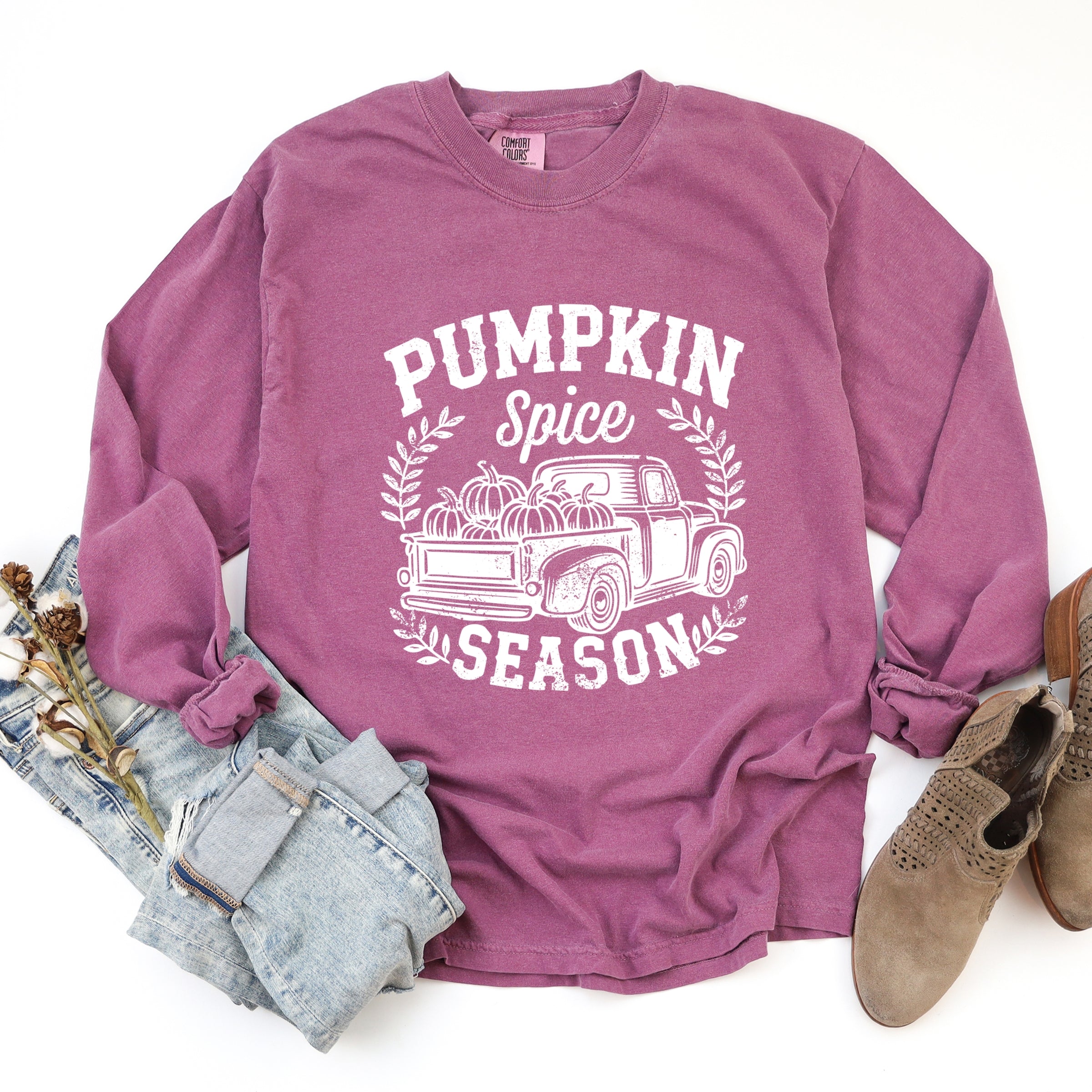 Pumpkin Spice Season Truck Distressed - Garment Dyed Long Sleeve