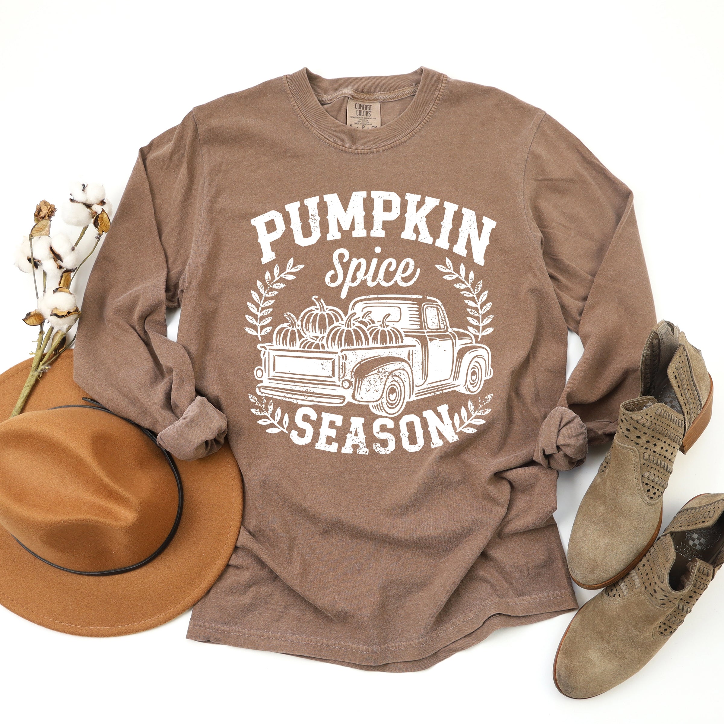Pumpkin Spice Season Truck Distressed - Garment Dyed Long Sleeve
