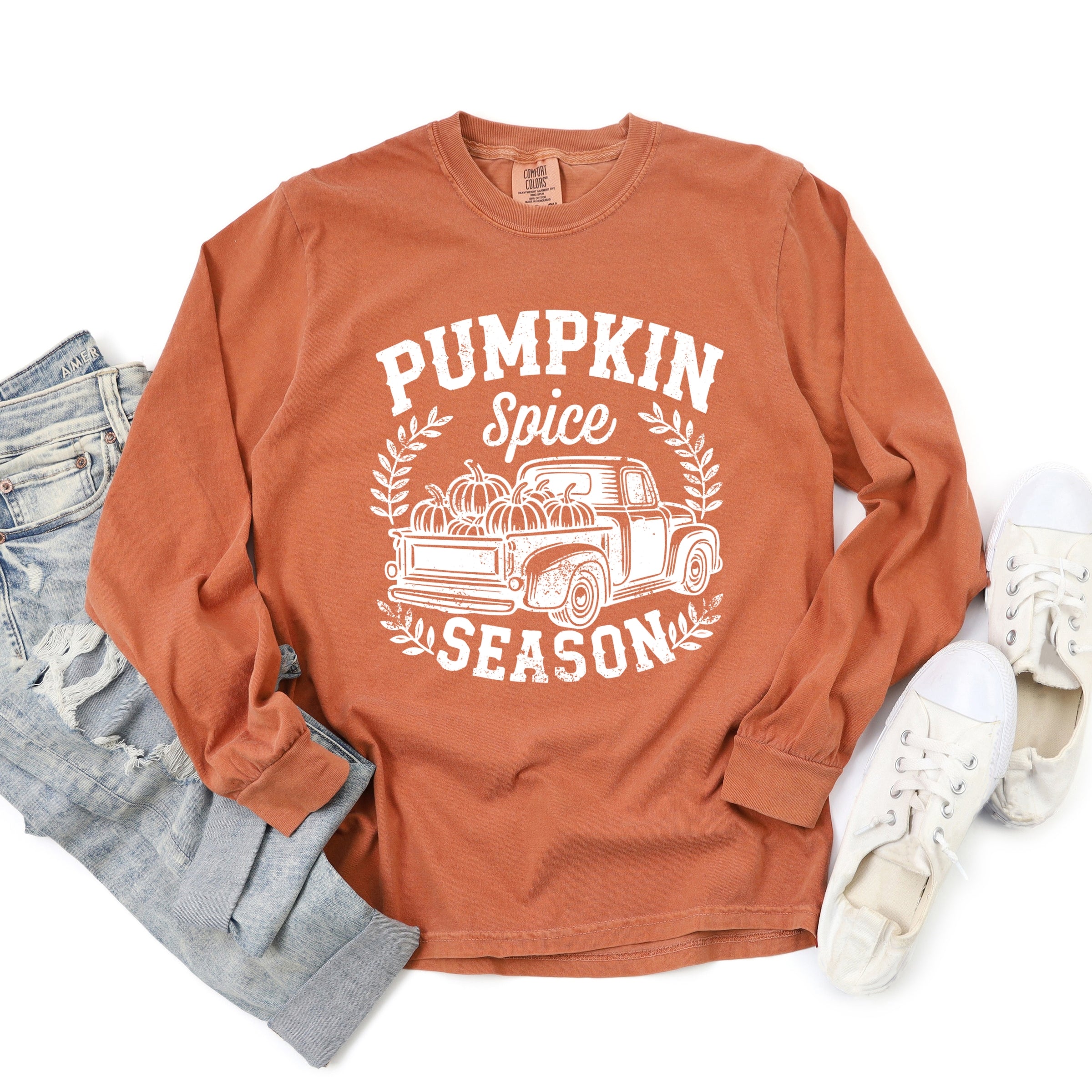 Pumpkin Spice Season Truck Distressed - Garment Dyed Long Sleeve