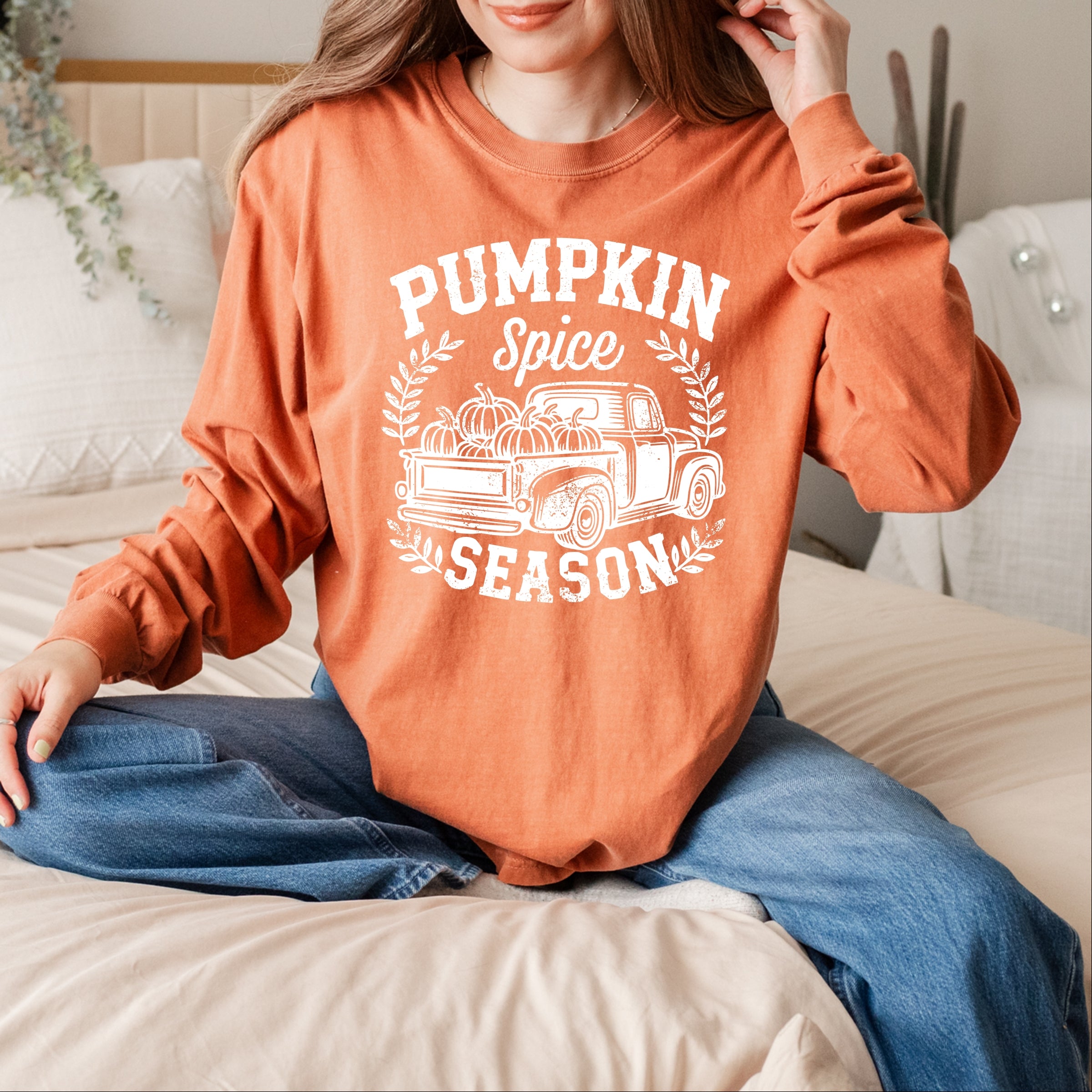 Pumpkin Spice Season Truck Distressed - Garment Dyed Long Sleeve