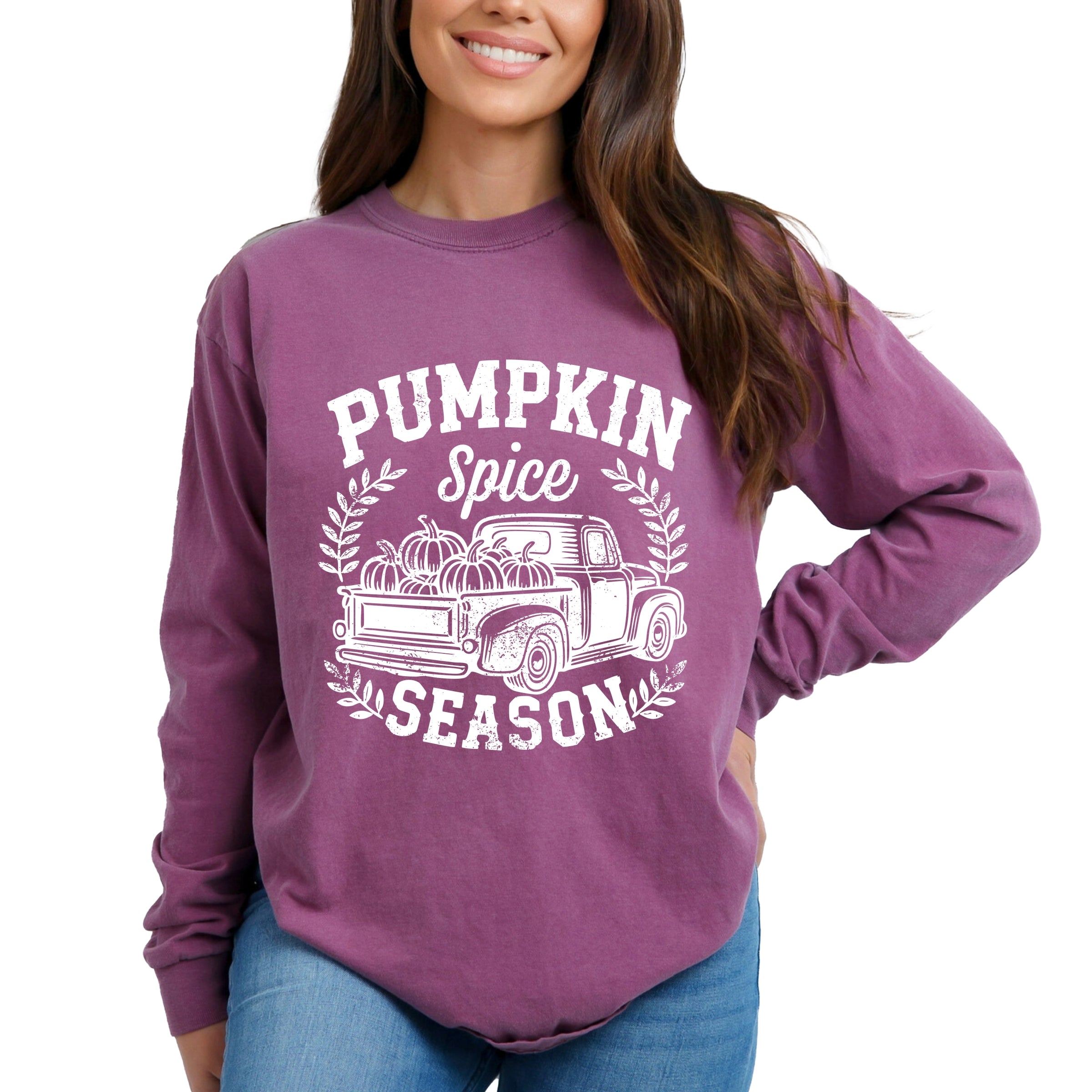 Pumpkin Spice Season Truck Distressed - Garment Dyed Long Sleeve