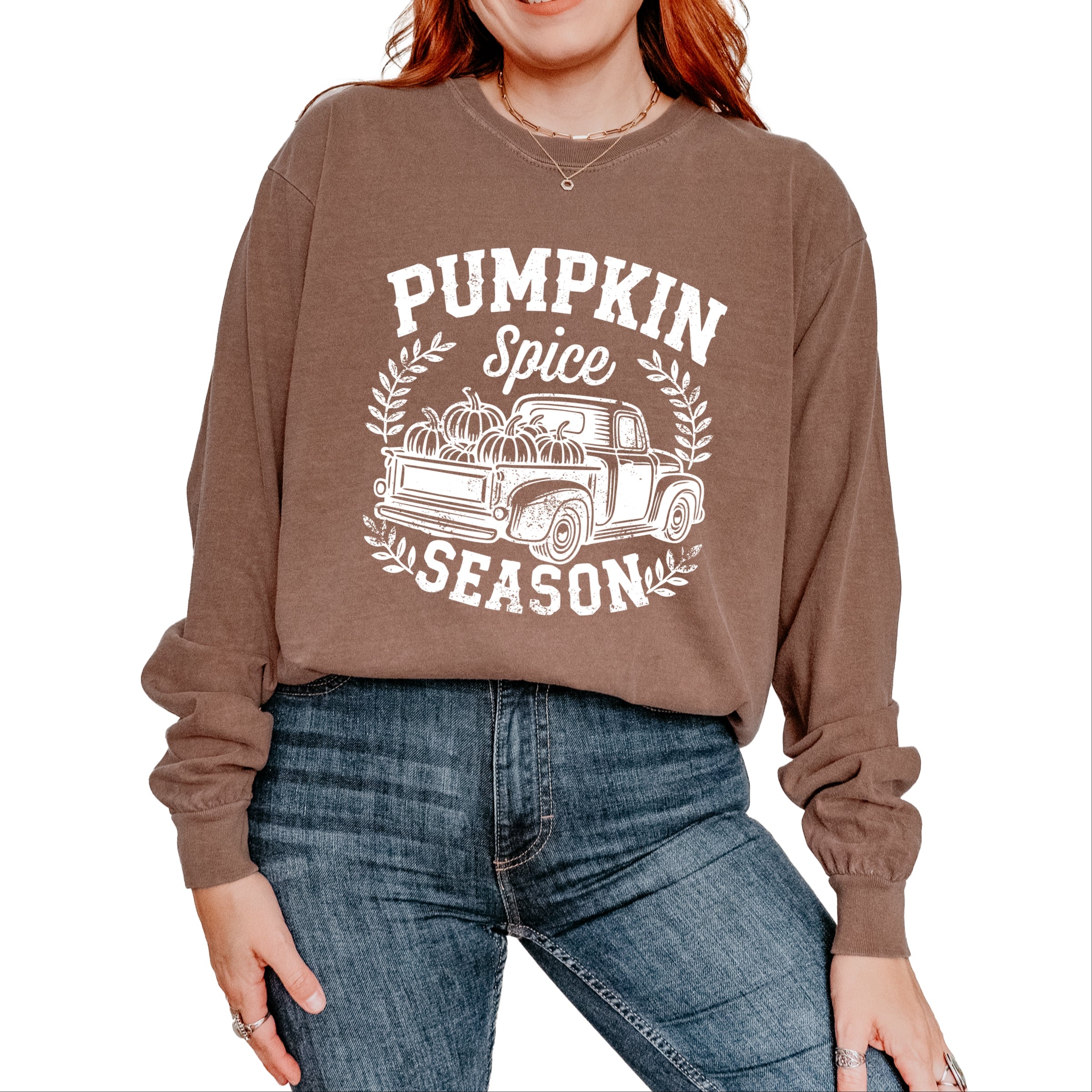 Pumpkin Spice Season Truck Distressed - Garment Dyed Long Sleeve