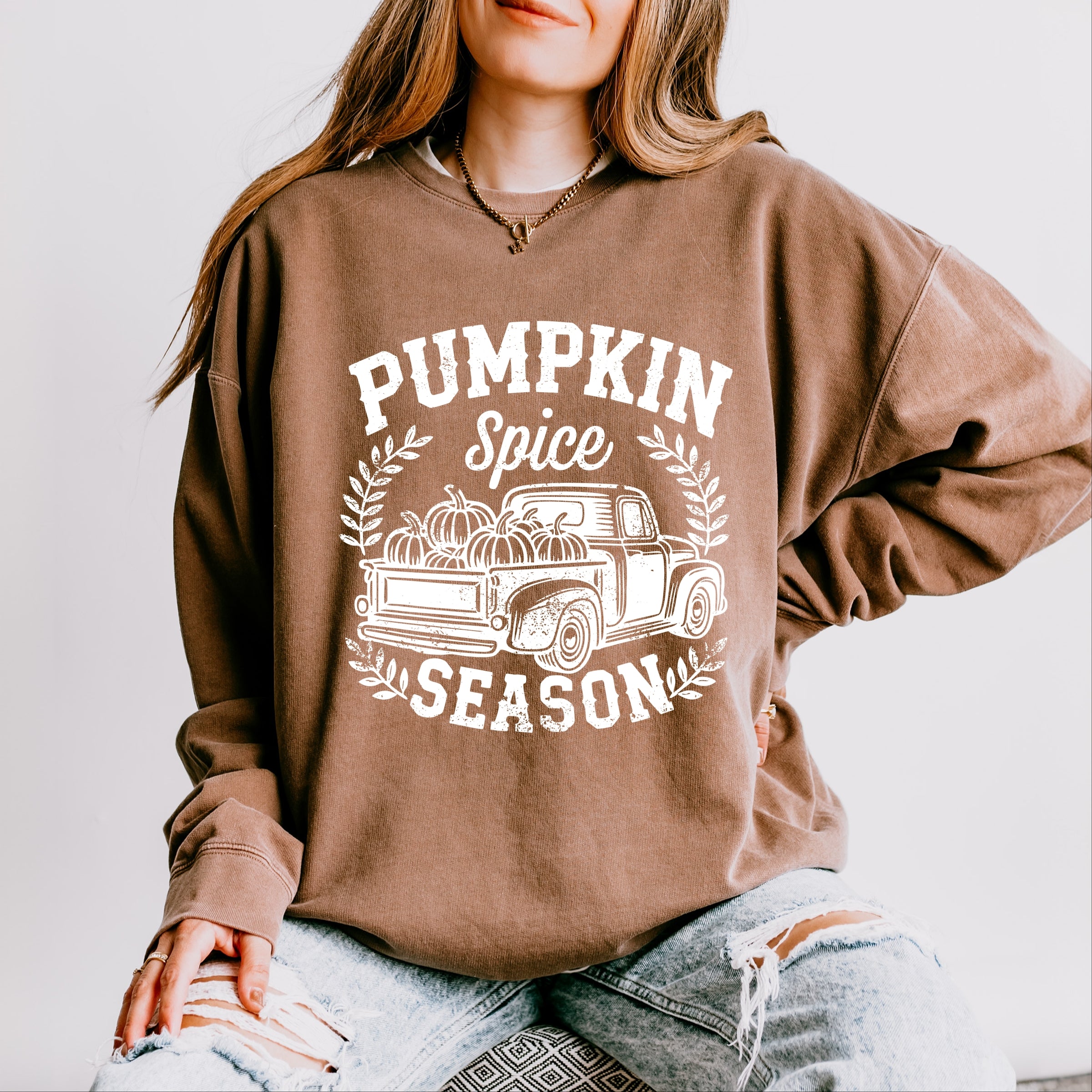 Pumpkin Spice Season Truck Distressed - Lightweight Garment Dyed Sweatshirt
