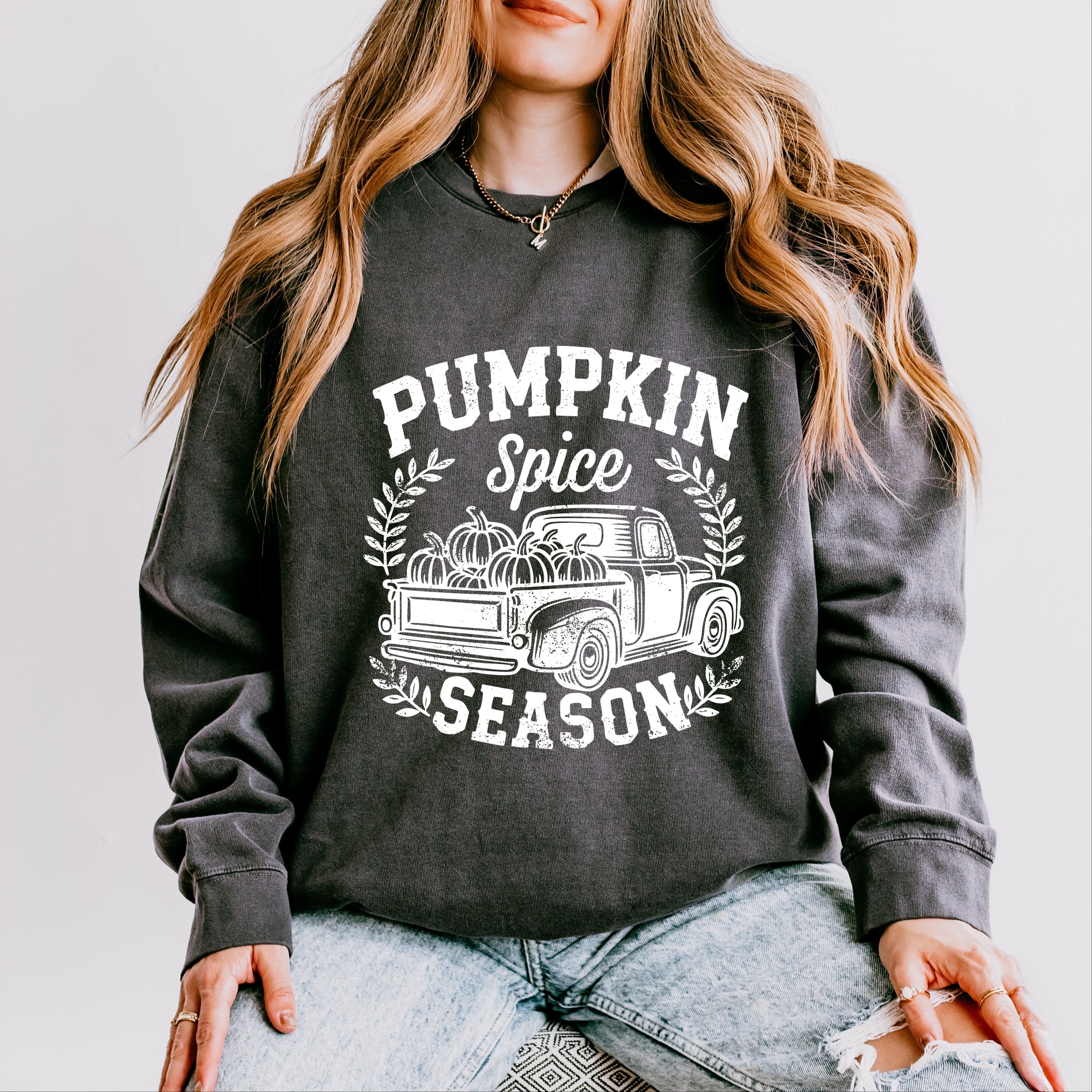 Pumpkin Spice Season Truck Distressed - Lightweight Garment Dyed Sweatshirt