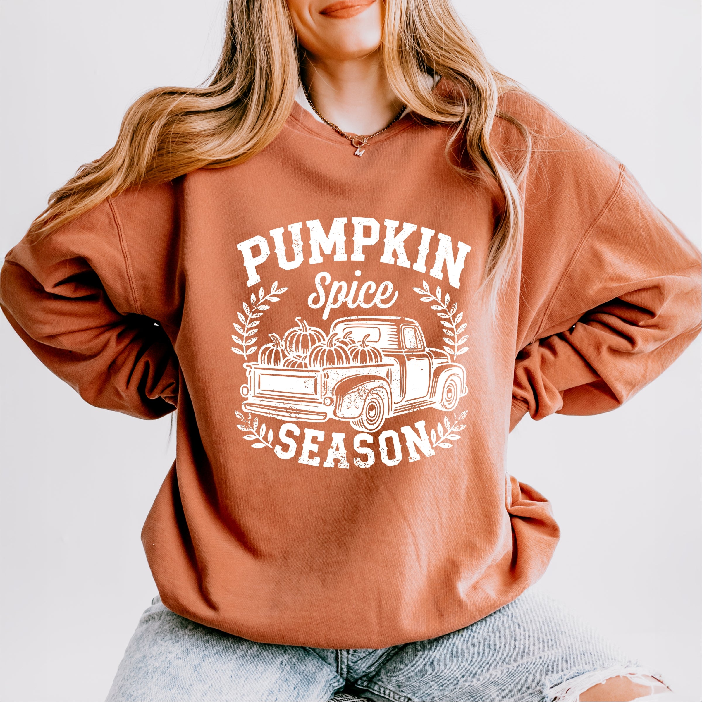 Pumpkin Spice Season Truck Distressed - Lightweight Garment Dyed Sweatshirt