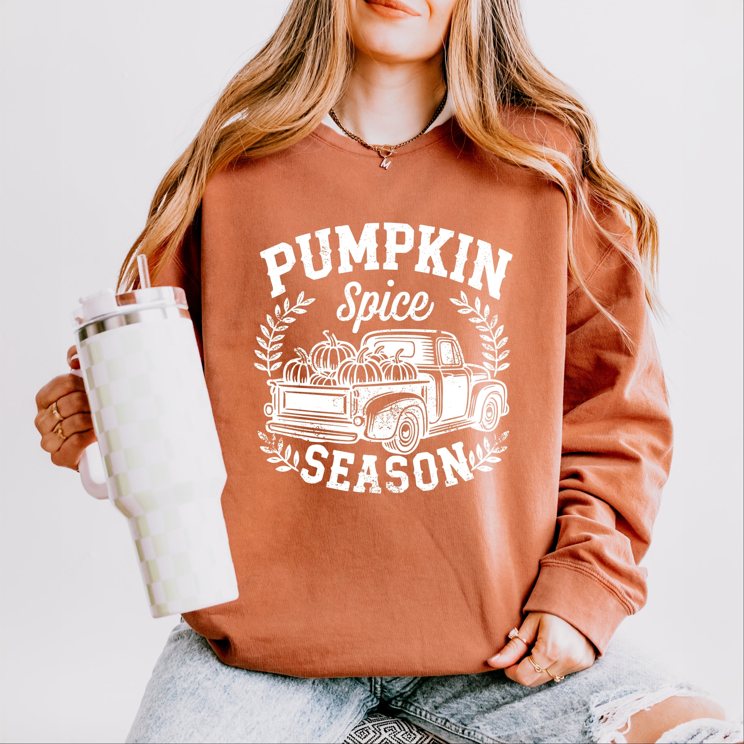 Pumpkin Spice Season Truck Distressed - Lightweight Garment Dyed Sweatshirt