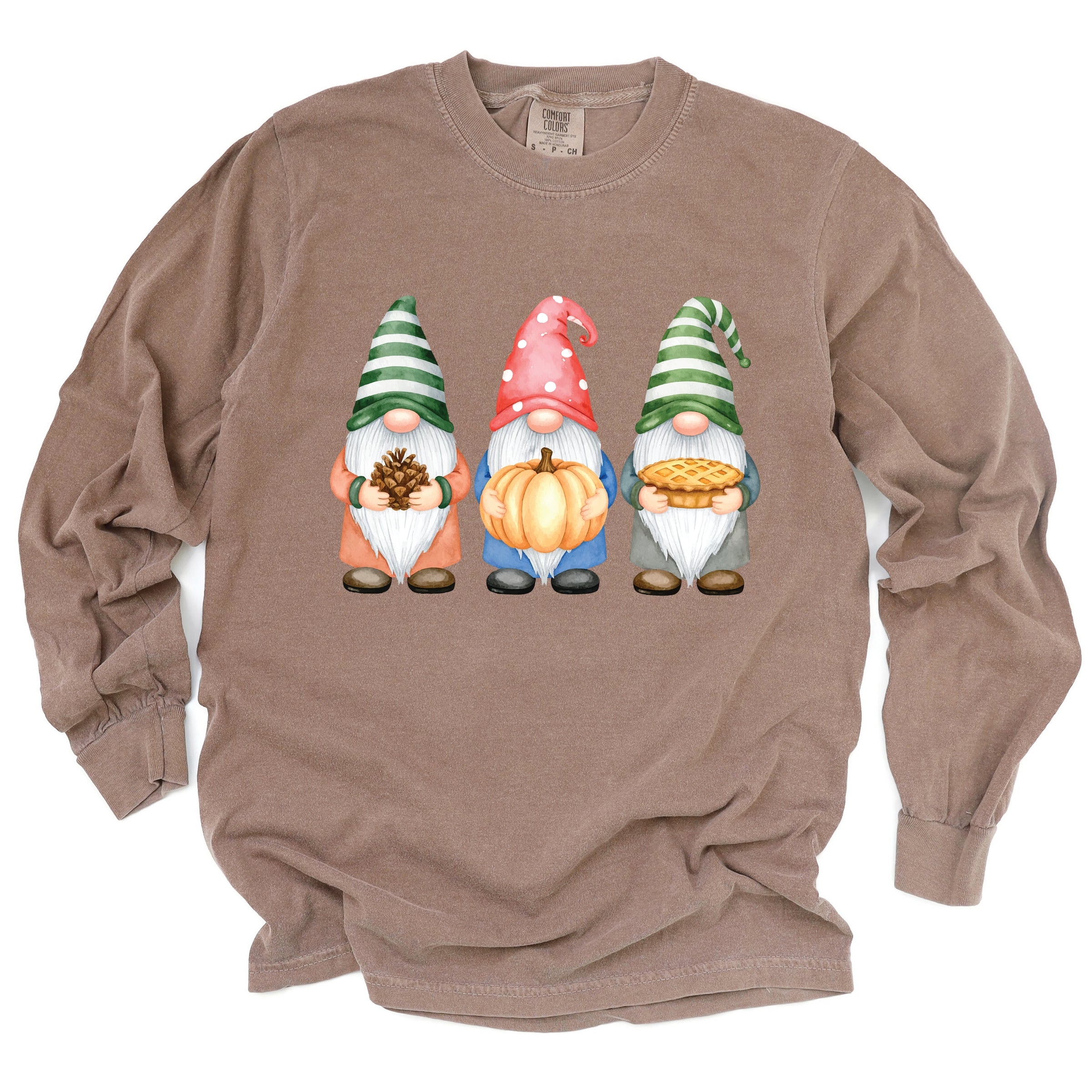 Fall Three Gnomes - Women's Garment Dyed Long Sleeve Graphic T-Shirt