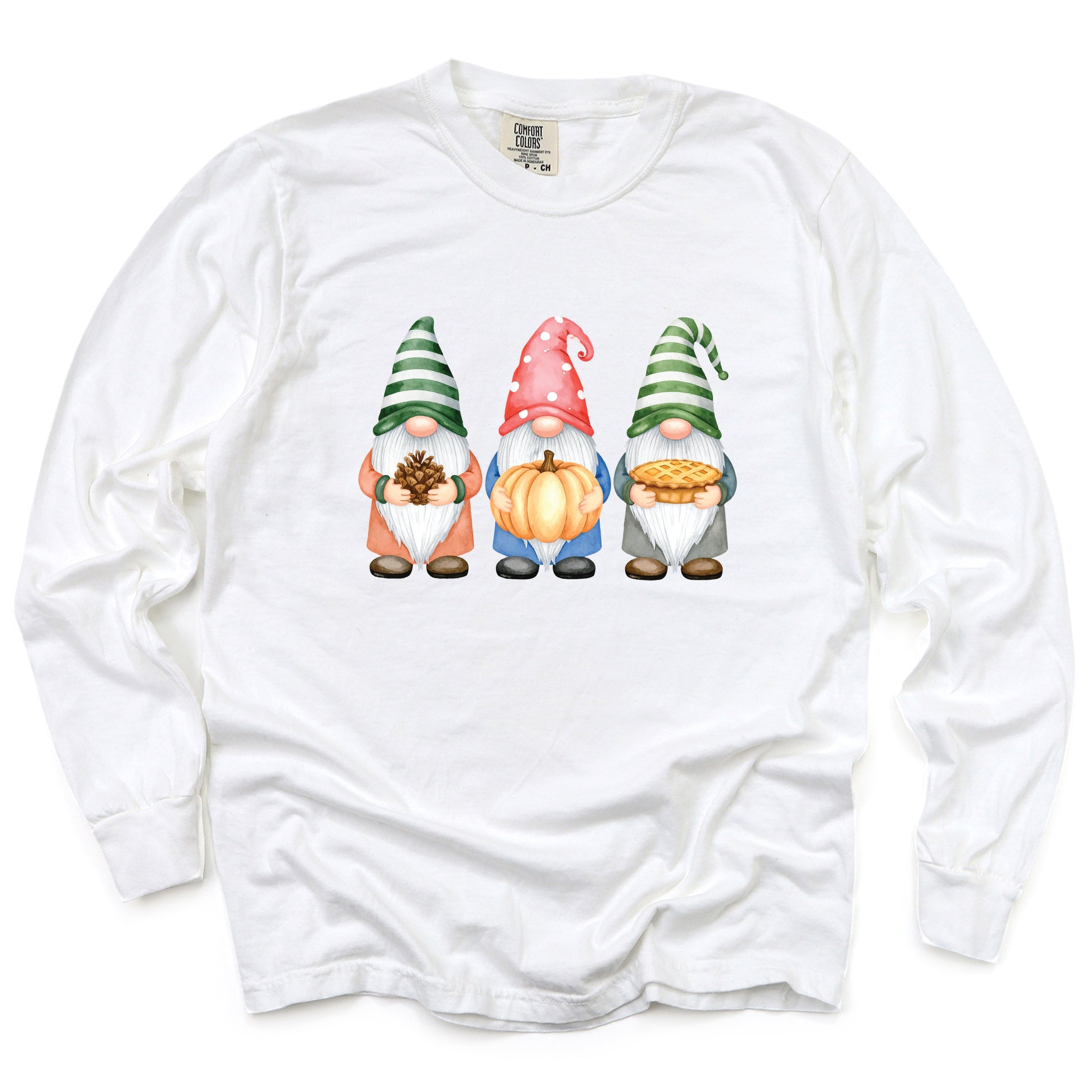 Fall Three Gnomes - Women's Garment Dyed Long Sleeve Graphic T-Shirt