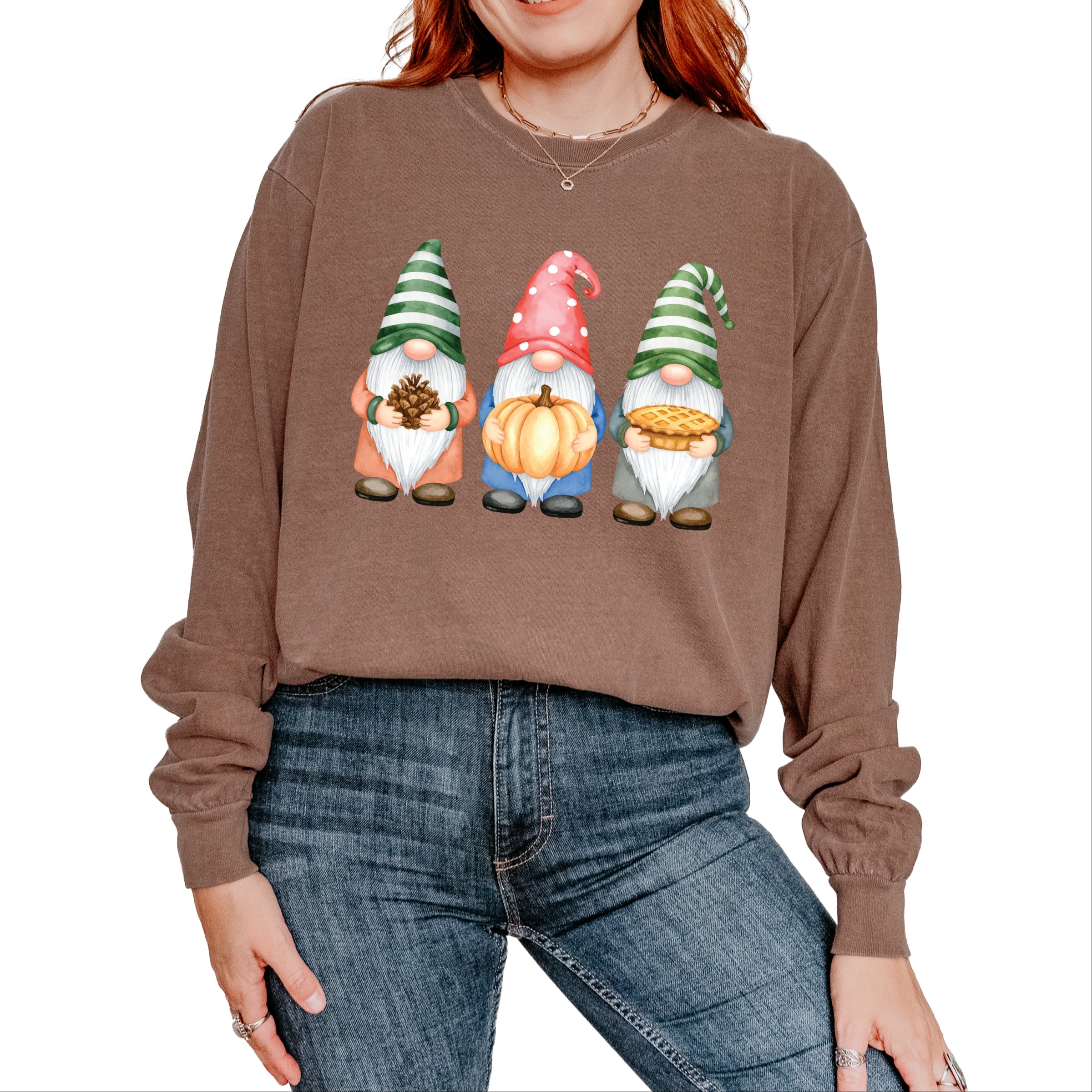 Fall Three Gnomes - Women's Garment Dyed Long Sleeve Graphic T-Shirt