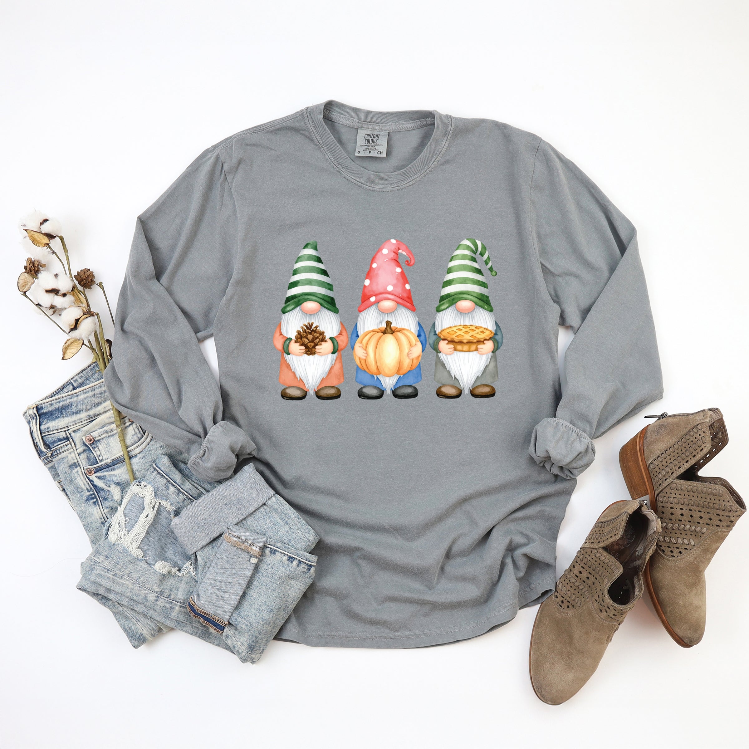 Fall Three Gnomes - Women's Garment Dyed Long Sleeve Graphic T-Shirt