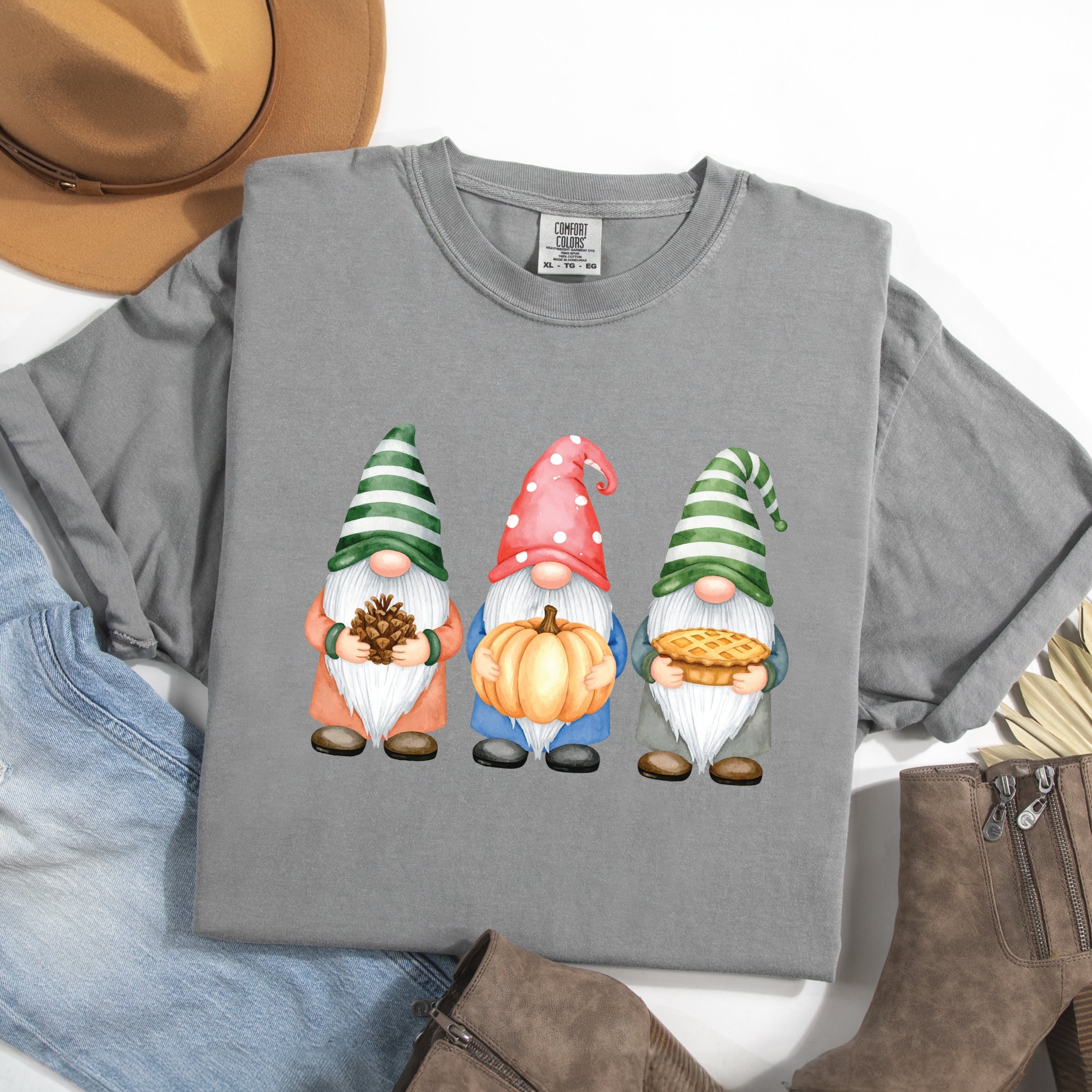 Fall Three Gnomes - Women's Garment Dyed Graphic T-Shirt