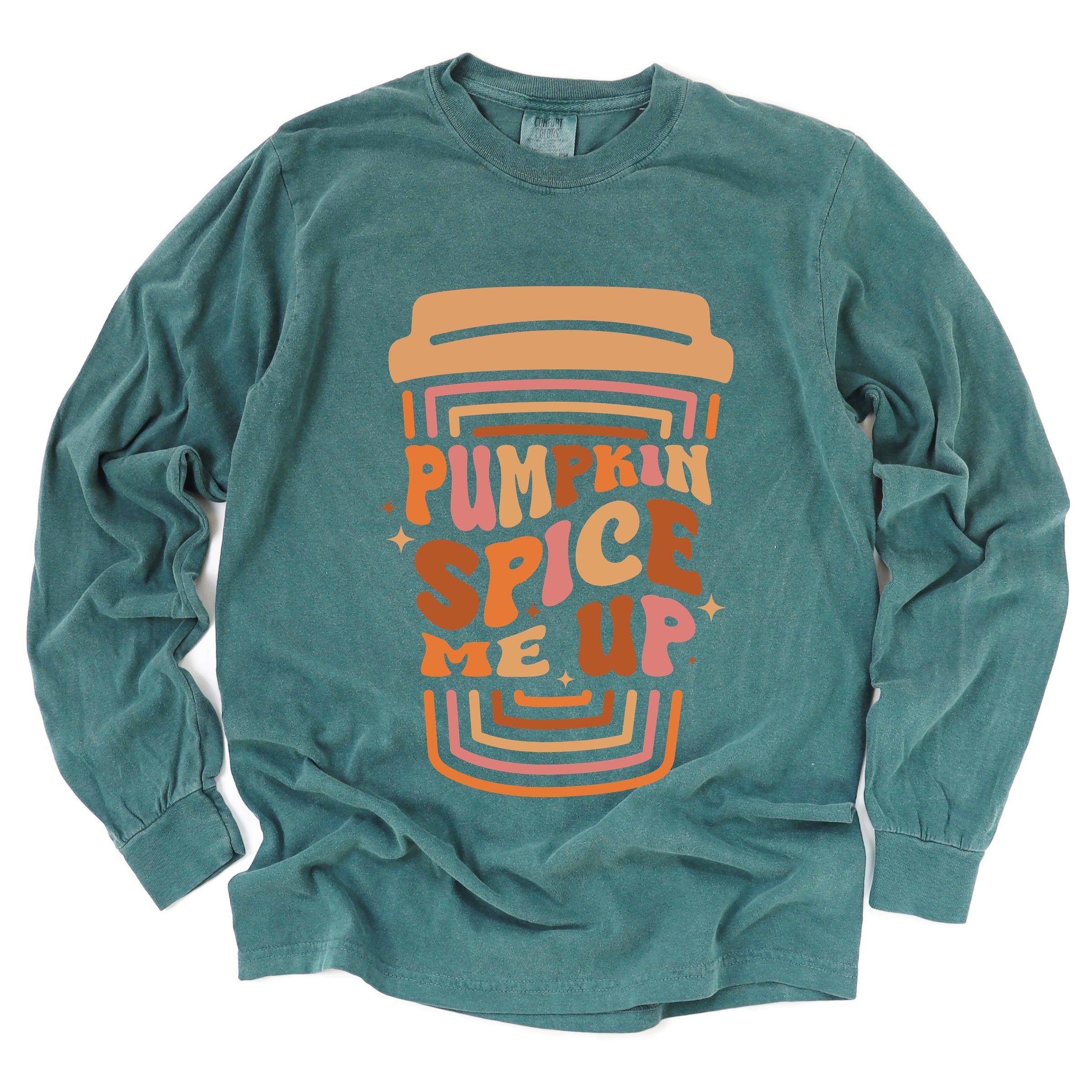 Pumpkin Spice Me Up Cup - Women's Garment Dyed Long Sleeve Graphic T-Shirt