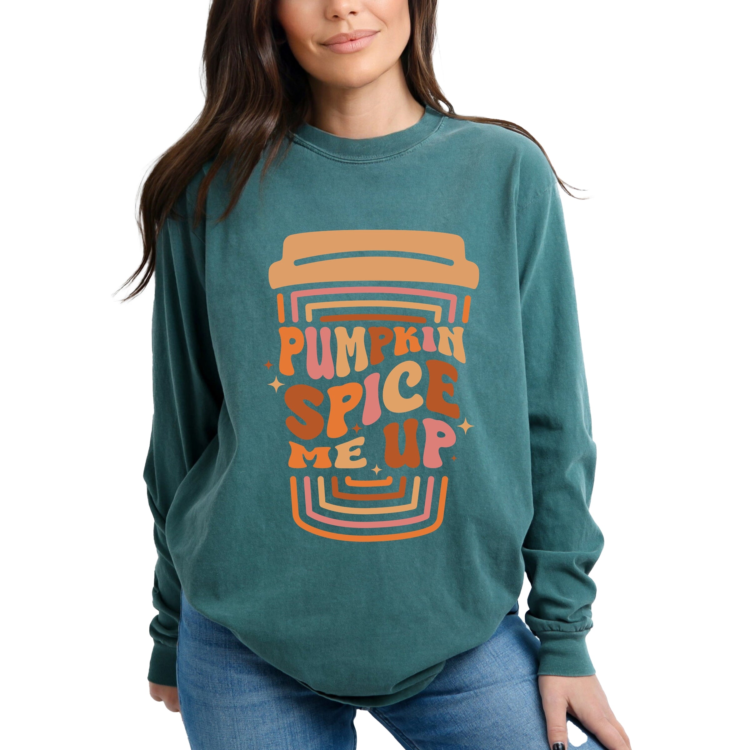 Pumpkin Spice Me Up Cup - Women's Garment Dyed Long Sleeve Graphic T-Shirt