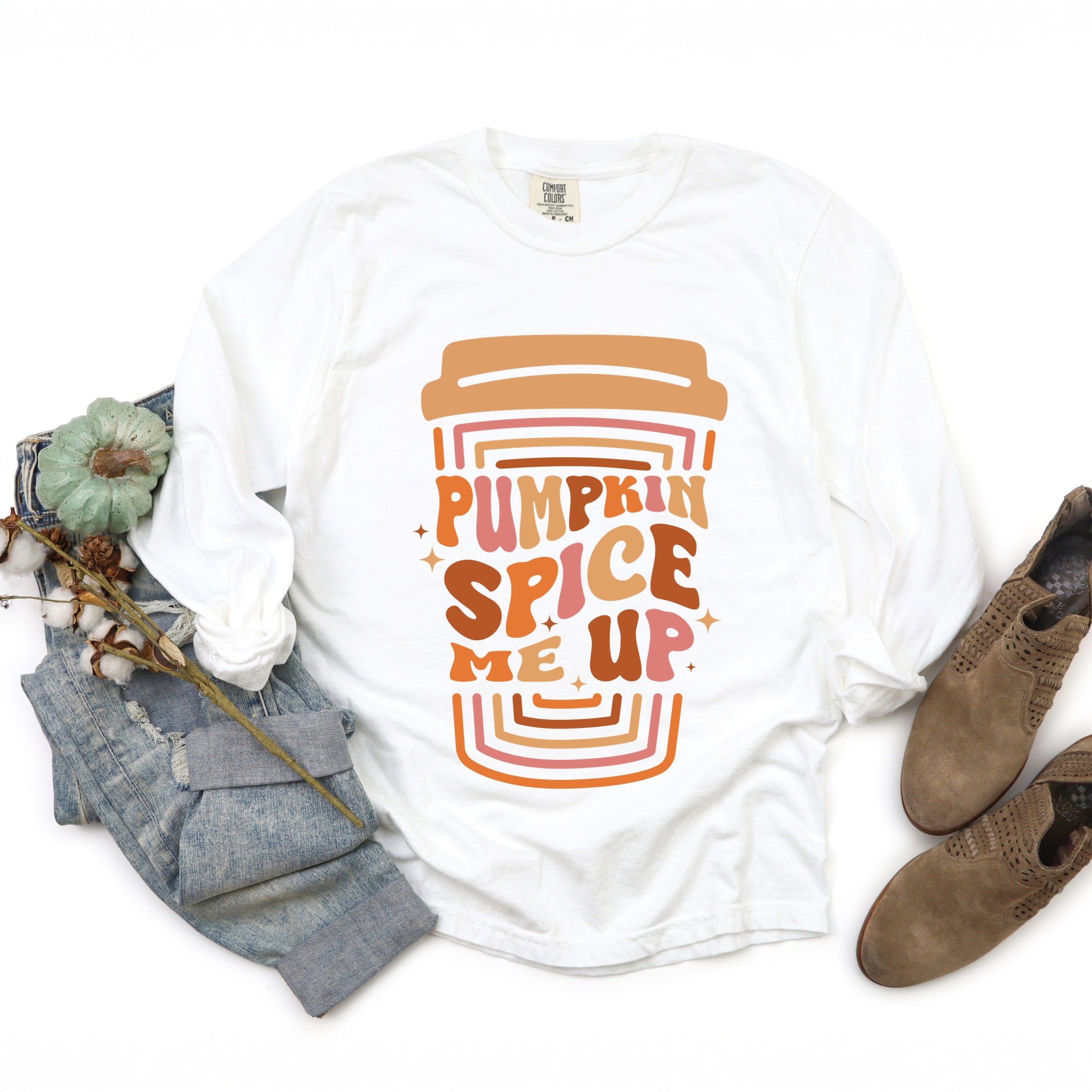 Pumpkin Spice Me Up Cup - Women's Garment Dyed Long Sleeve Graphic T-Shirt