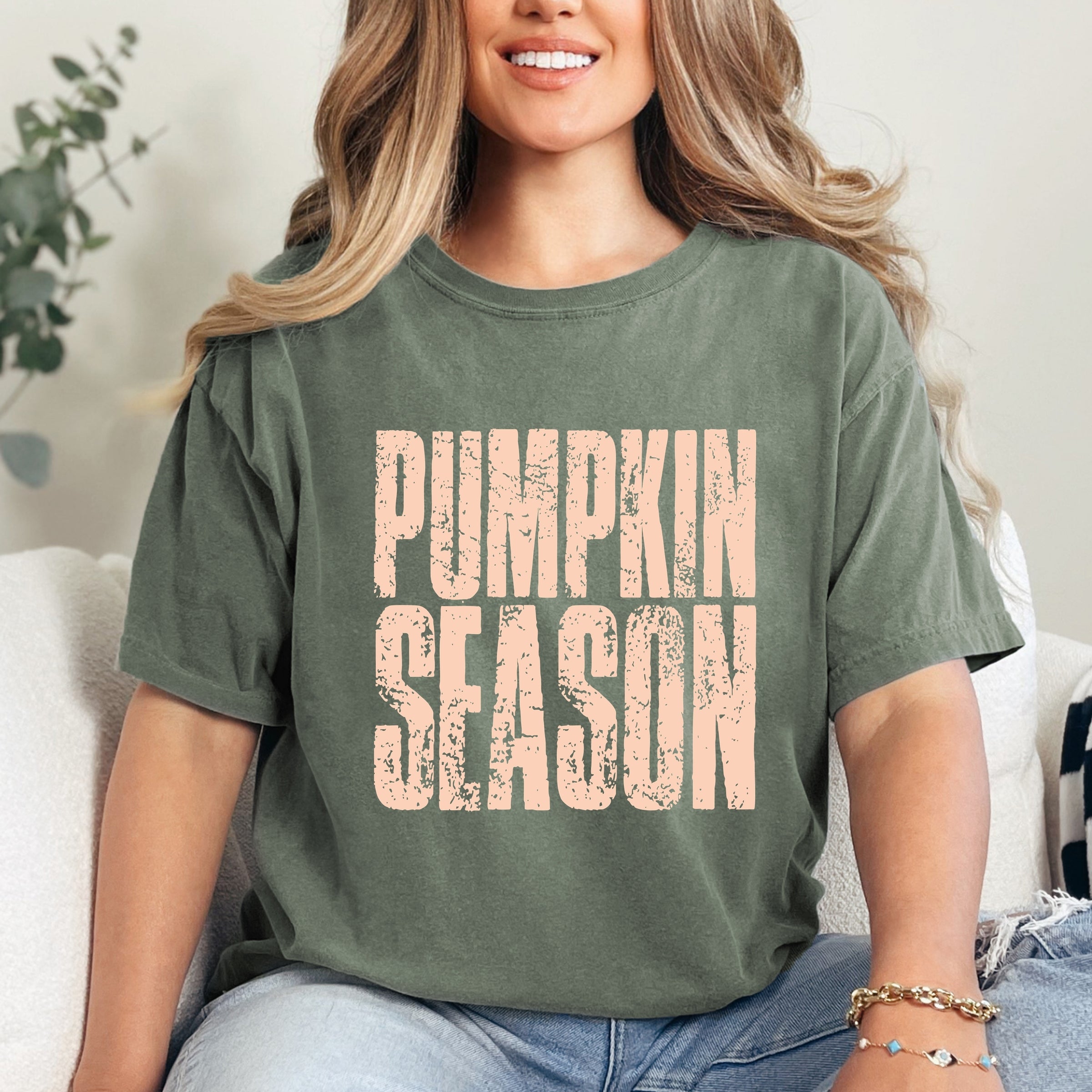 Pumpkin Season Stacked Distressed - Women's Garment Dyed Graphic T-Shirt
