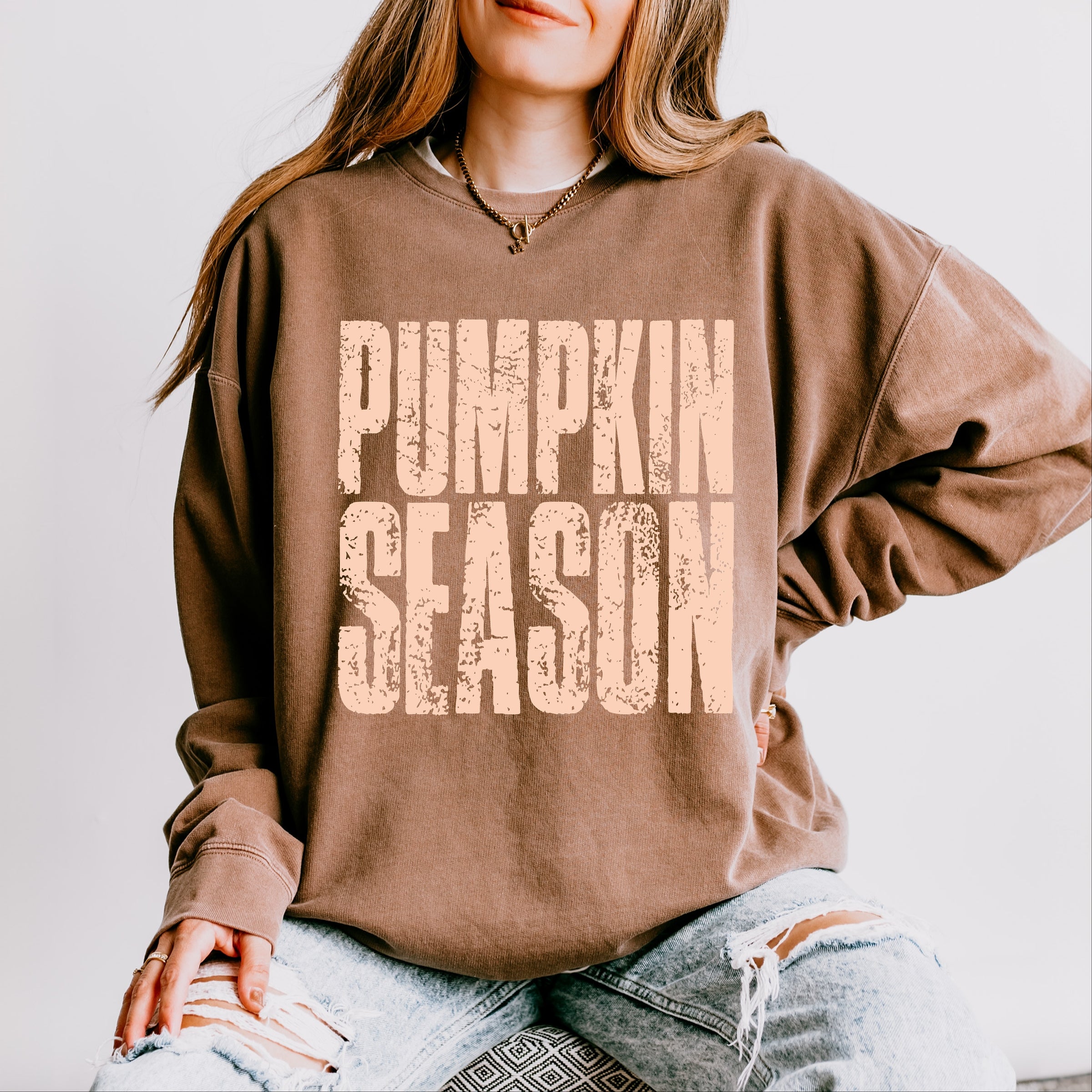 Pumpkin Season Stacked Distressed - Women's Lightweight Garment Dyed Sweatshirt
