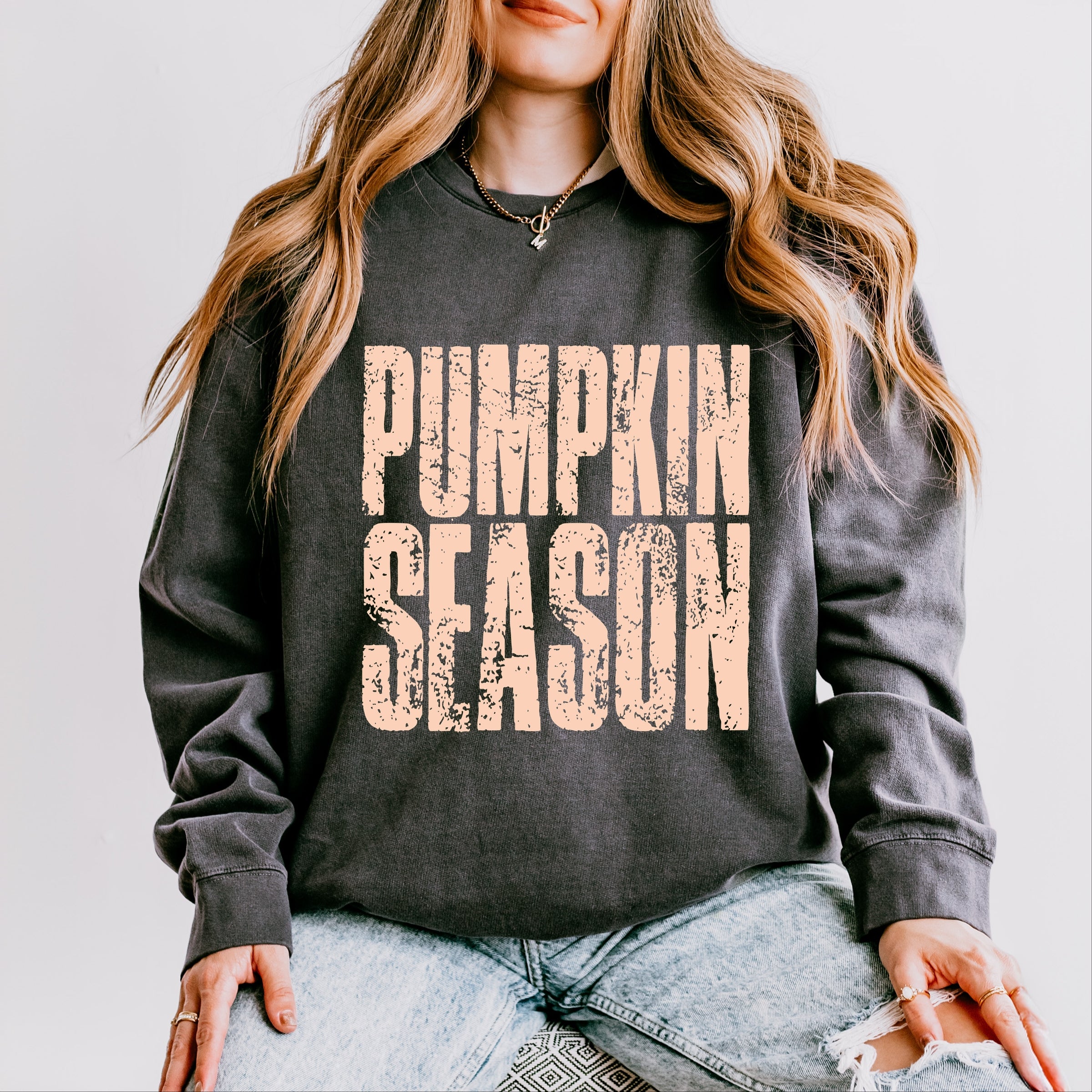 Pumpkin Season Stacked Distressed - Women's Lightweight Garment Dyed Sweatshirt