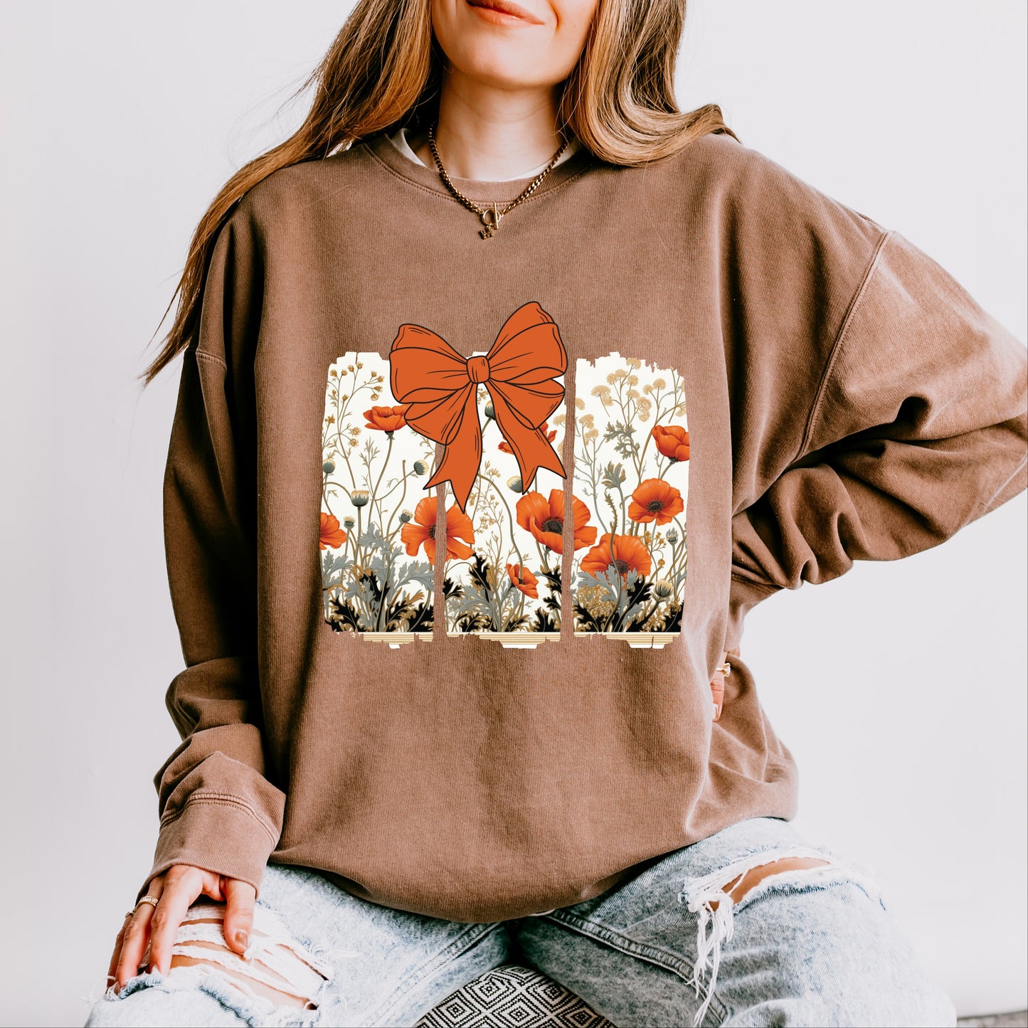 Coquette Fall Floral Orange - Womens Lightweight Garment Dyed Sweatshirt
