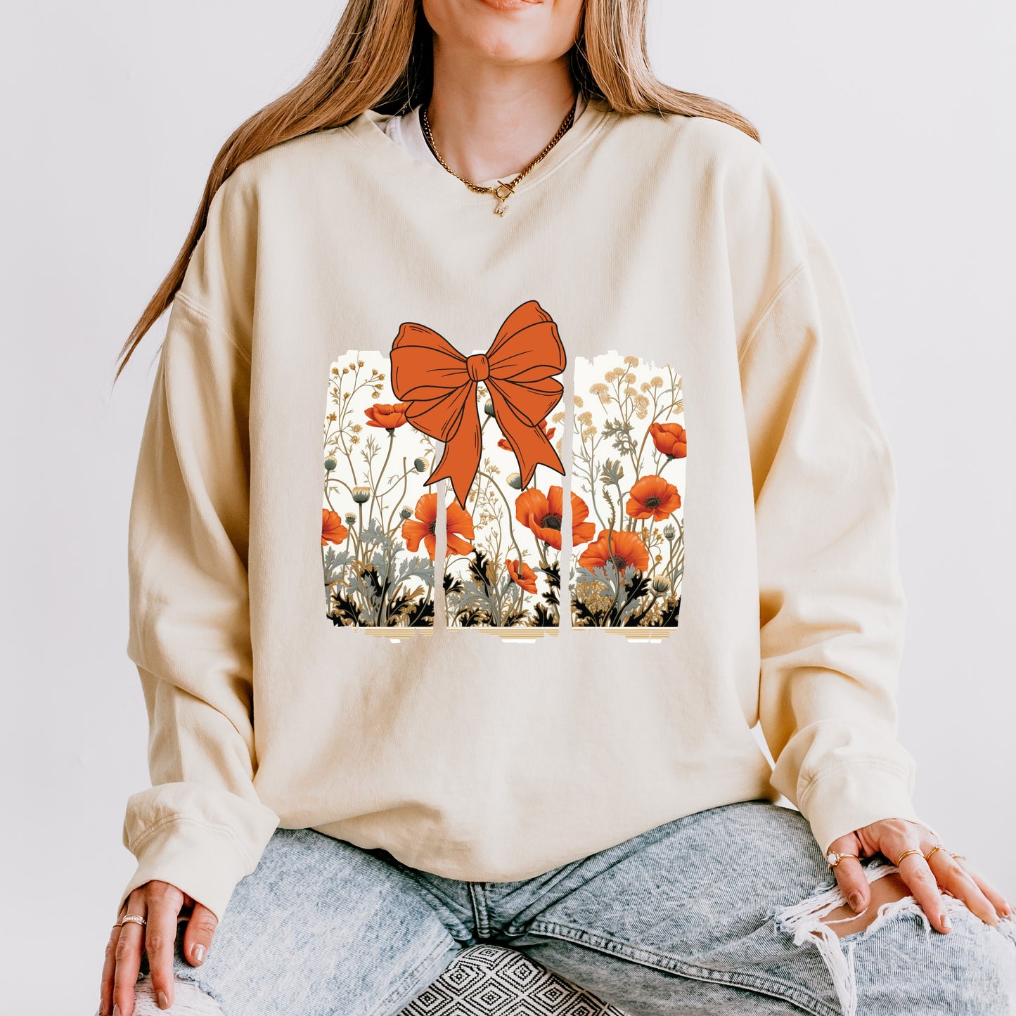 Coquette Fall Floral Orange - Womens Lightweight Garment Dyed Sweatshirt