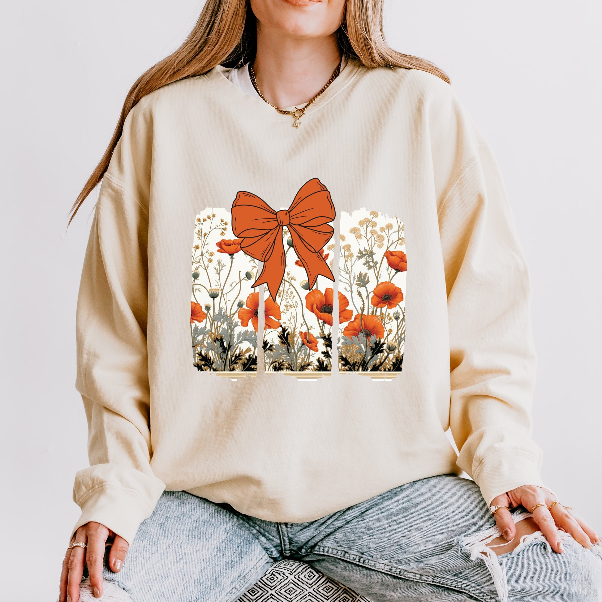 Coquette Fall Floral Orange - Womens Lightweight Garment Dyed Sweatshirt