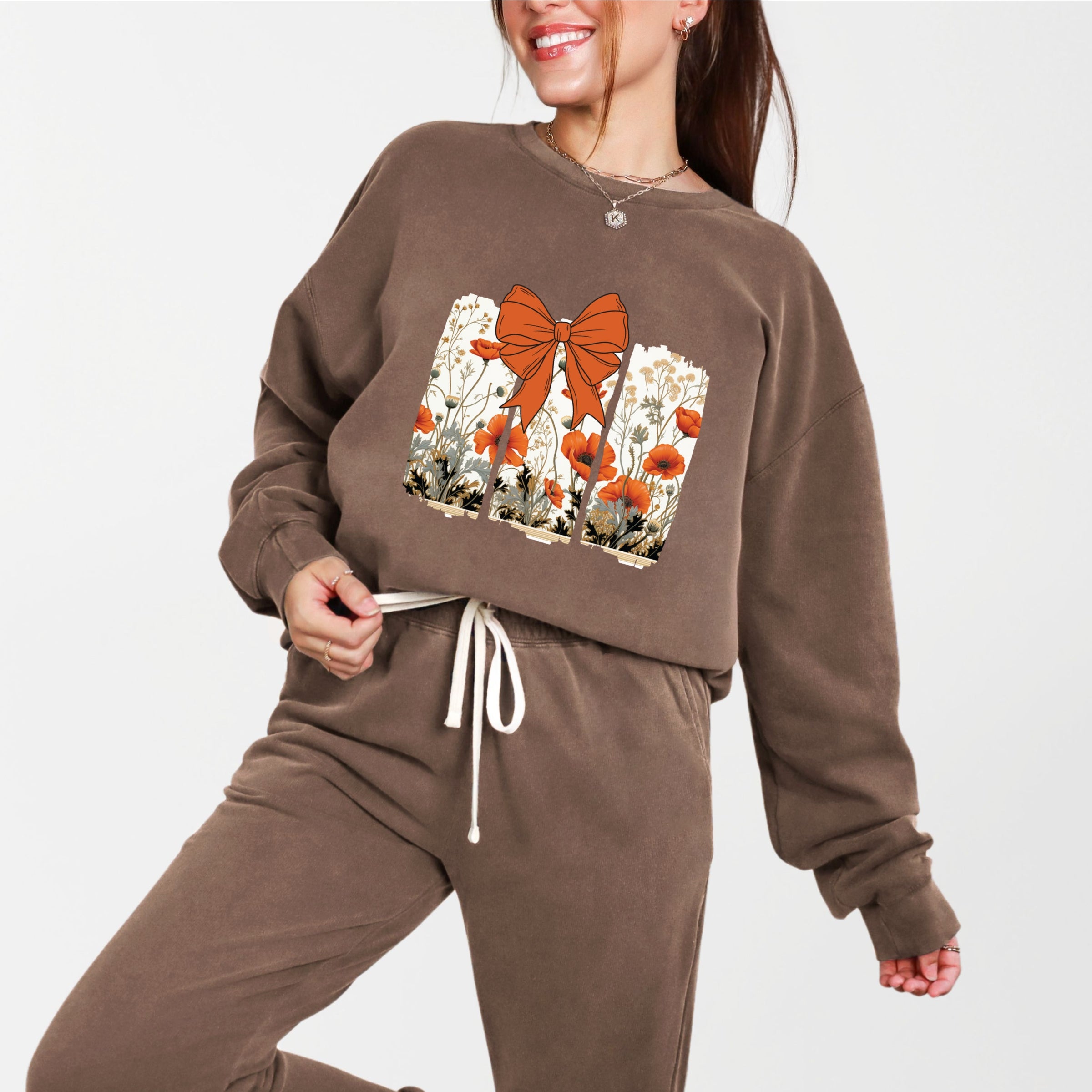 Coquette Fall Floral Orange - Womens Lightweight Garment Dyed Sweatshirt