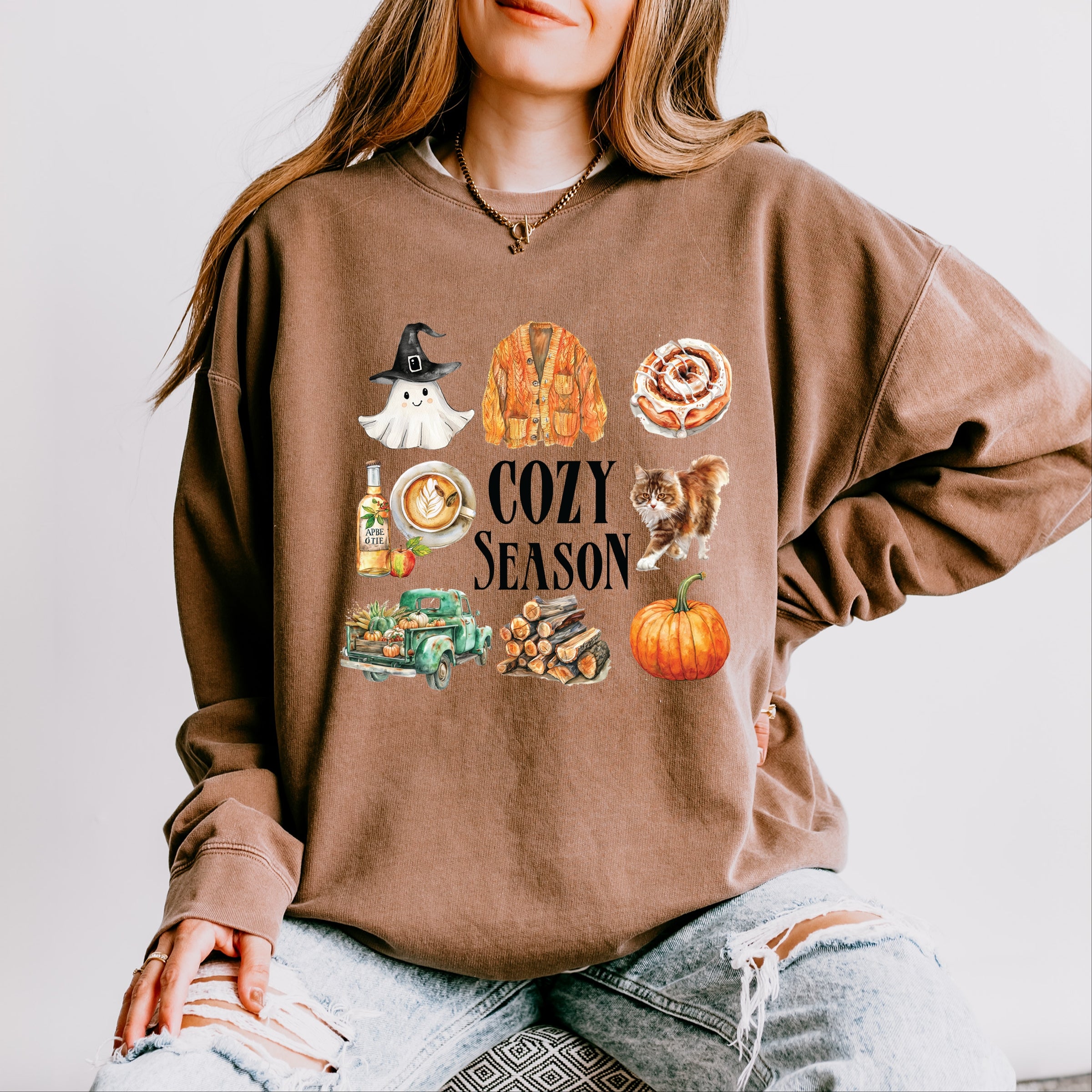 Cozy Season Watercolor Icons - Women's Lightweight Garment Dyed Sweatshirt